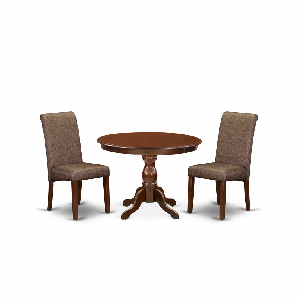 East West Furniture HBBA3-MAH-18 3 Piece Modern Dining Table Set Contains a Round Wooden Table with Pedestal and 2 Brown Linen Linen Fabric Parsons Dining Chairs