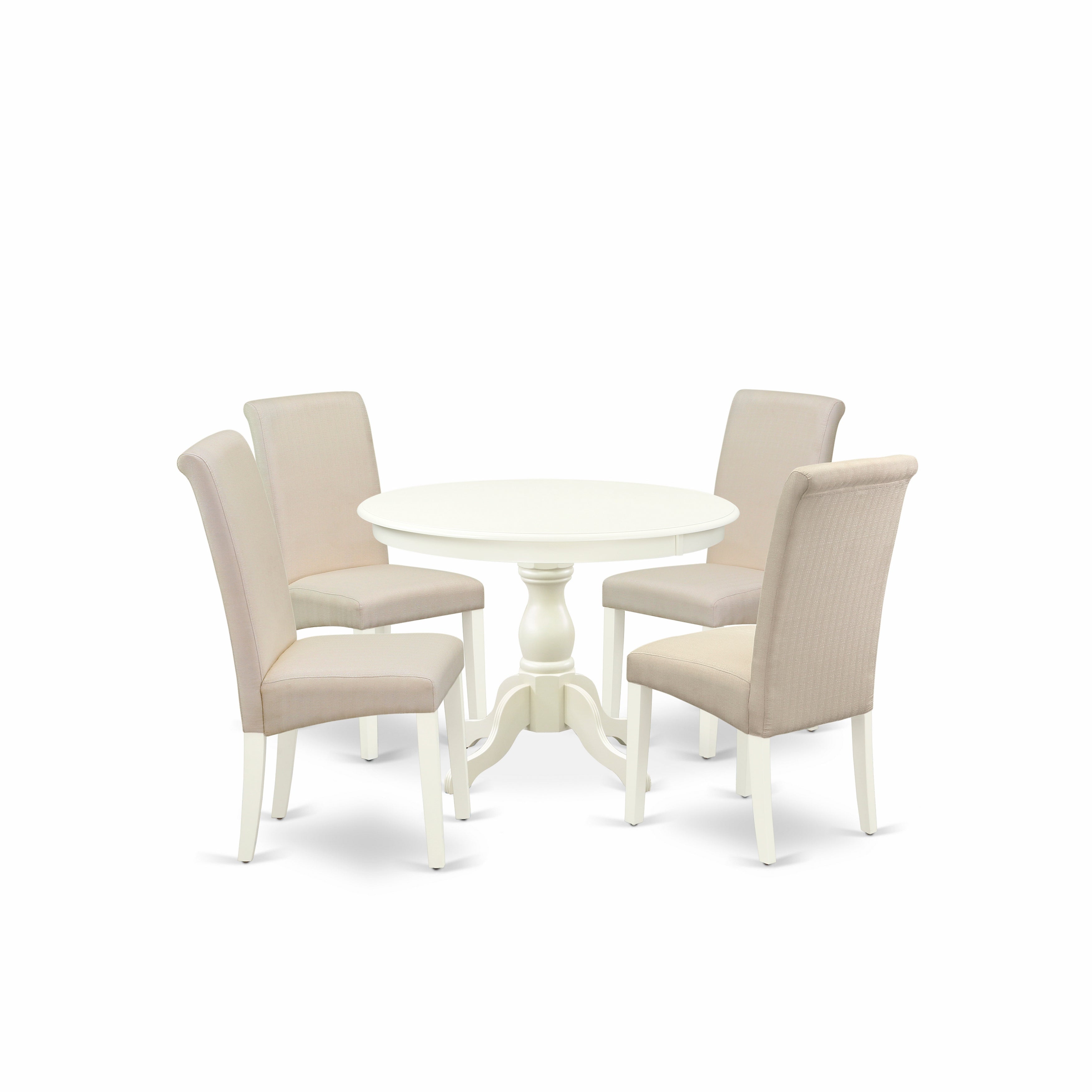 East West Furniture HBBA5-LWH-01 5 Piece Dining Set - linen white Round Dining Table and 4 Cream Linen Fabric Dining Chairs with High Back - linen white Finish