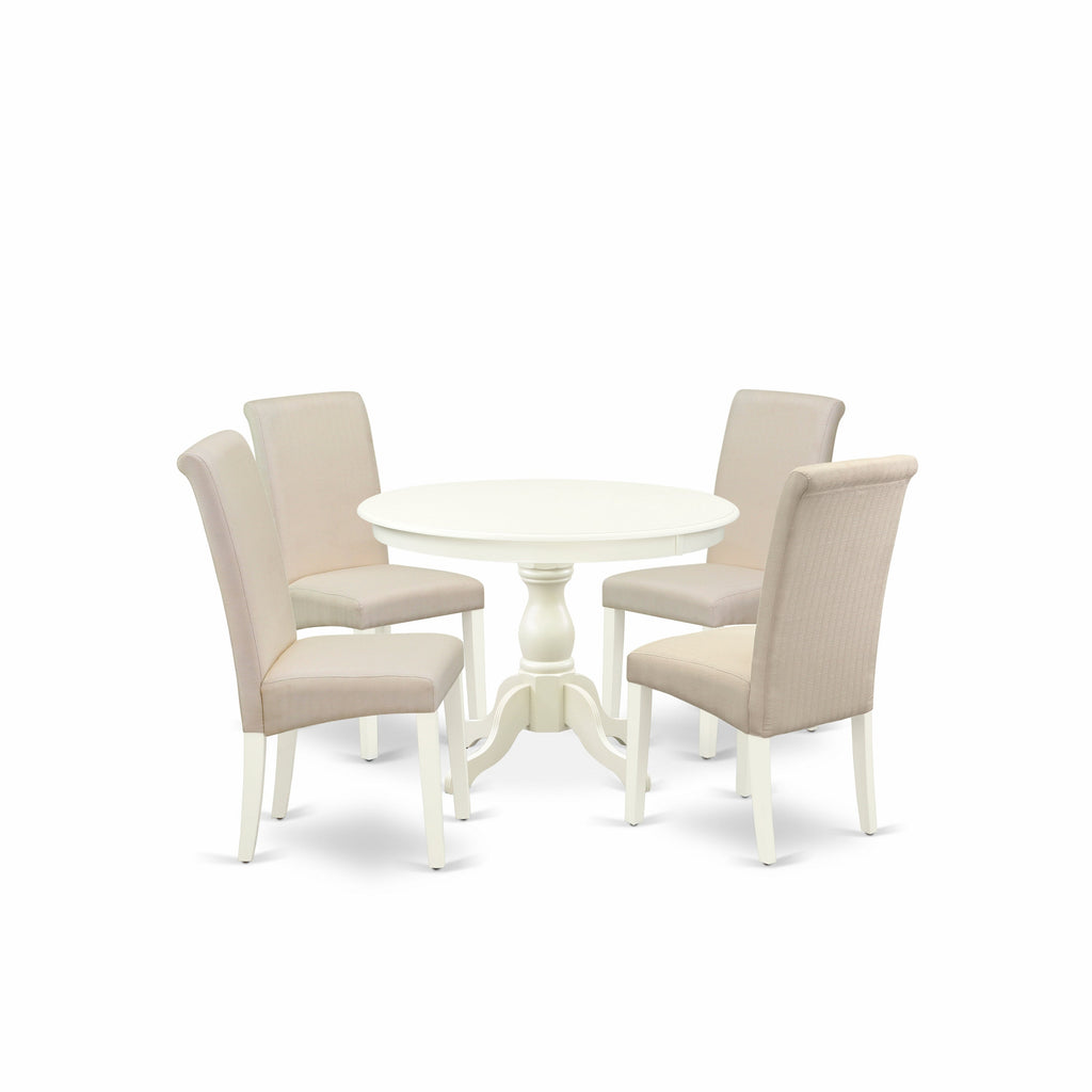 East West Furniture HBBA5-LWH-01 5 Piece Kitchen Table Set for 4 Includes a Round Dining Table with Pedestal and 4 Cream Linen Fabric Parson Dining Room Chairs