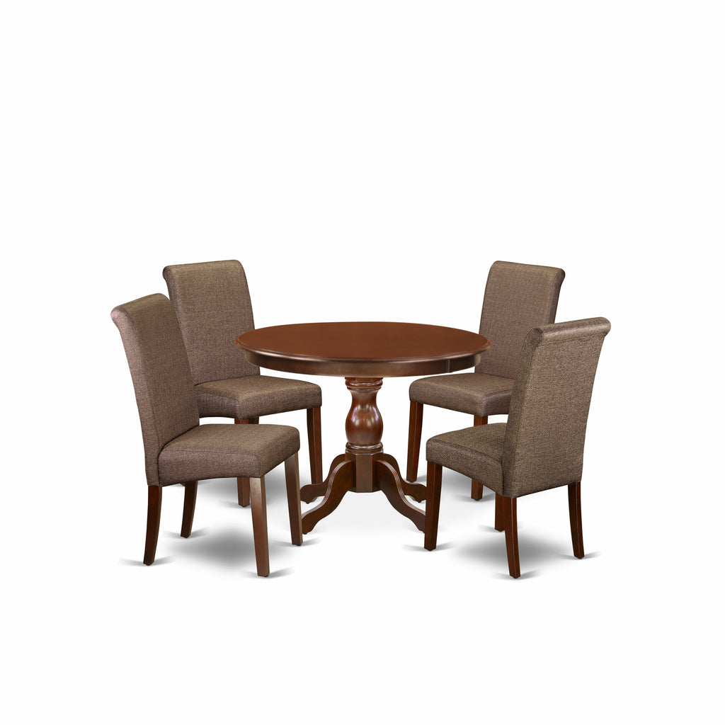East West Furniture HBBA5-MAH-18 5 Piece Modern Dining Table Set Includes a Round Wooden Table with Pedestal and 4 Brown Linen Linen Fabric Parson Dining Chairs