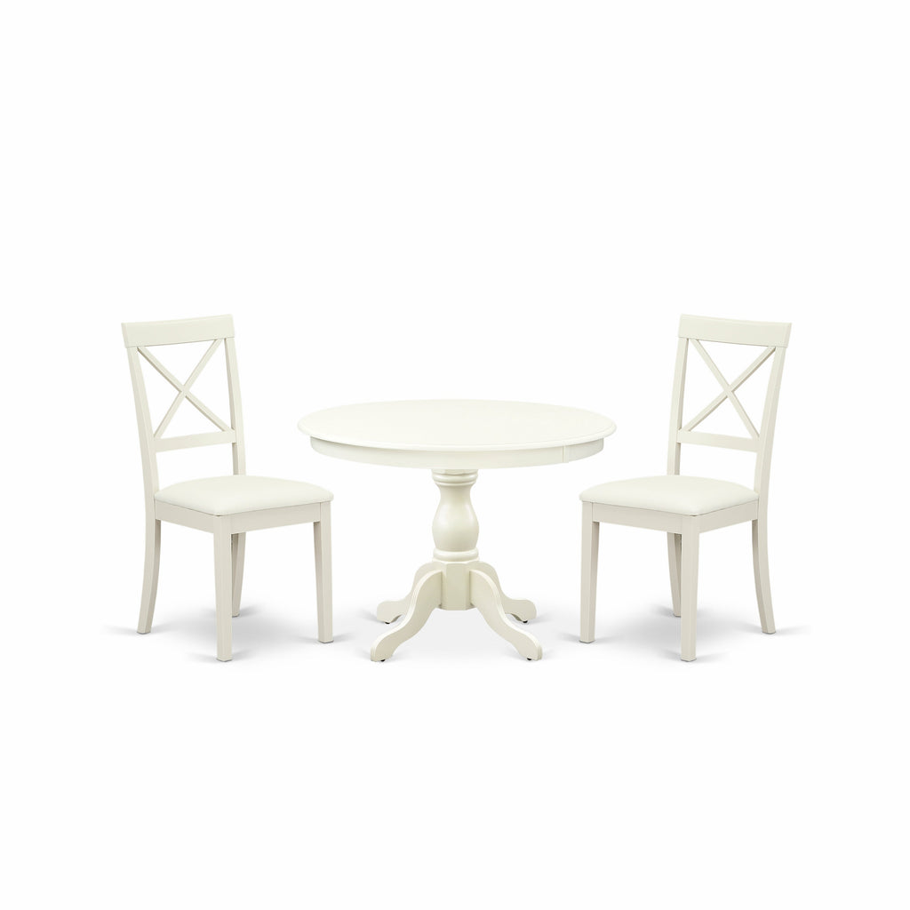 East West Furniture HBBO3-LWH-C 3 Piece Modern Dining Table Set Contains a Round Wooden Table with Pedestal and 2 Linen Fabric Kitchen Dining Chairs