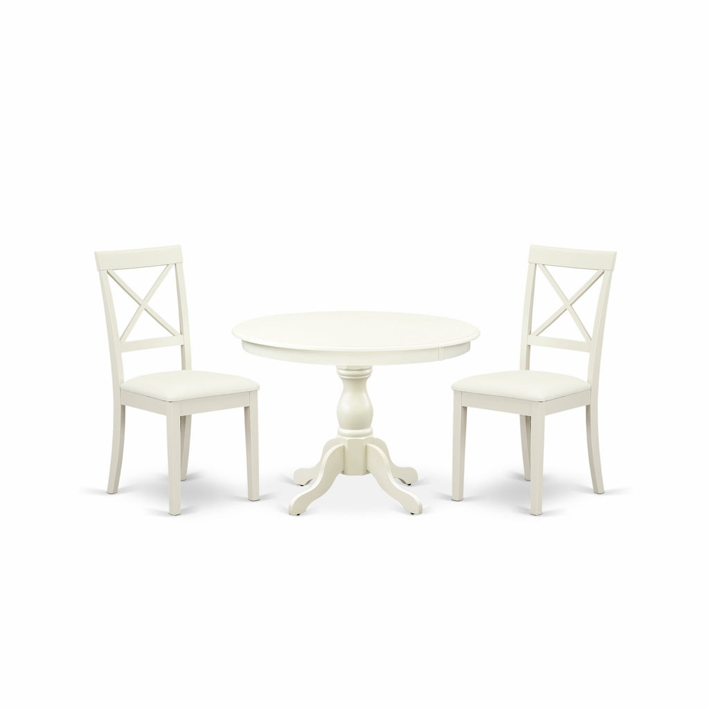 East West Furniture HBBO3-LWH-C 3 Piece Modern Dining Table Set Contains a Round Wooden Table with Pedestal and 2 Linen Fabric Kitchen Dining Chairs, 42x42 Inch, Linen White