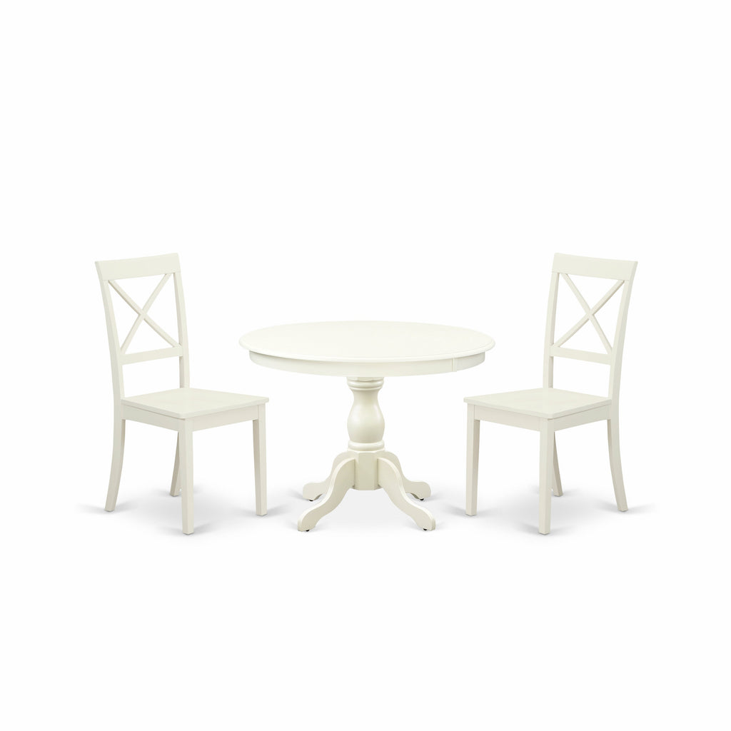 East West Furniture HBBO3-LWH-W 3 Piece Kitchen Table & Chairs Set Contains a Round Dining Room Table with Pedestal and 2 Dining Chairs