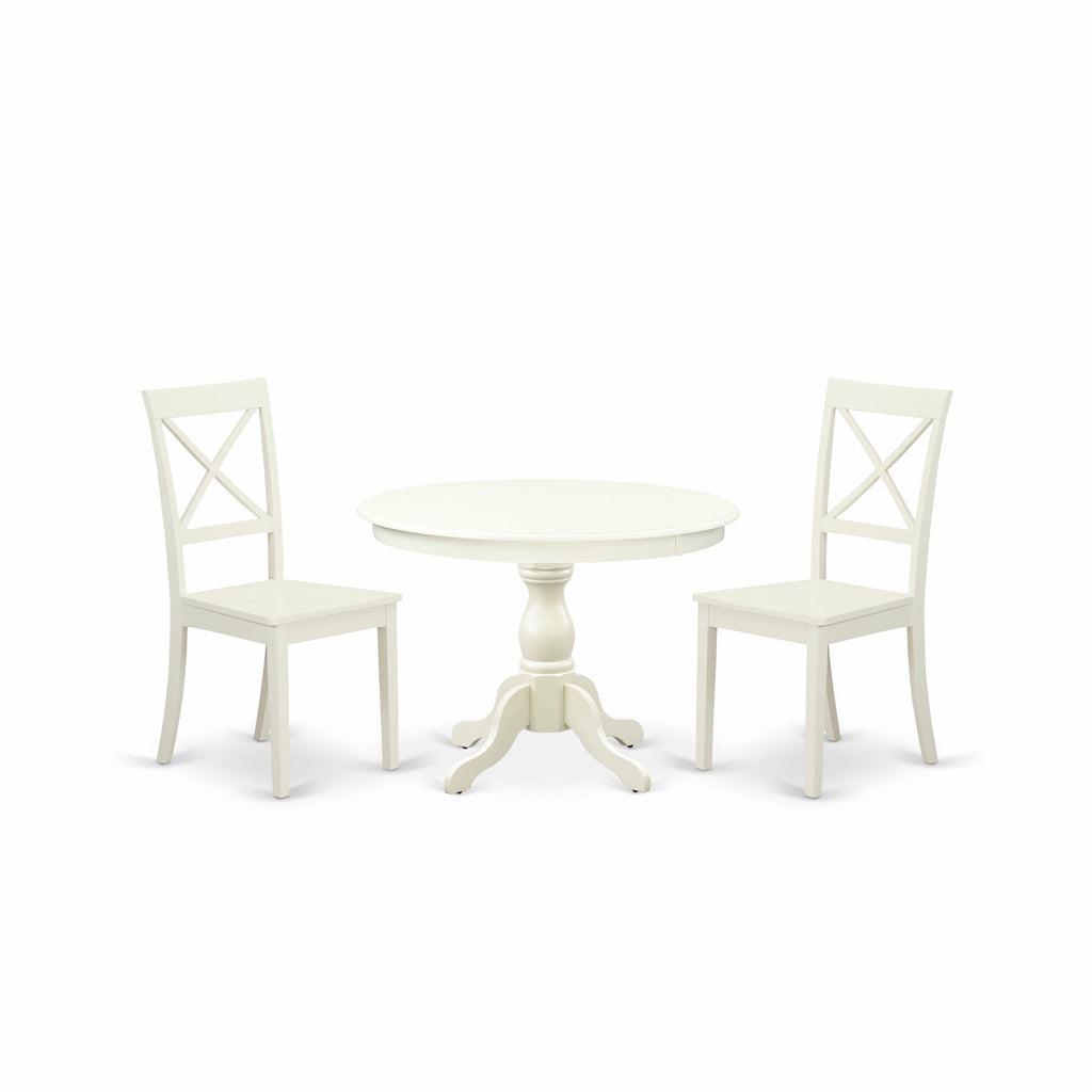 East West Furniture HBBO3-LWH-W 3 Piece Kitchen Table & Chairs Set Contains a Round Dining Room Table with Pedestal and 2 Dining Chairs, 42x42 Inch, Linen White