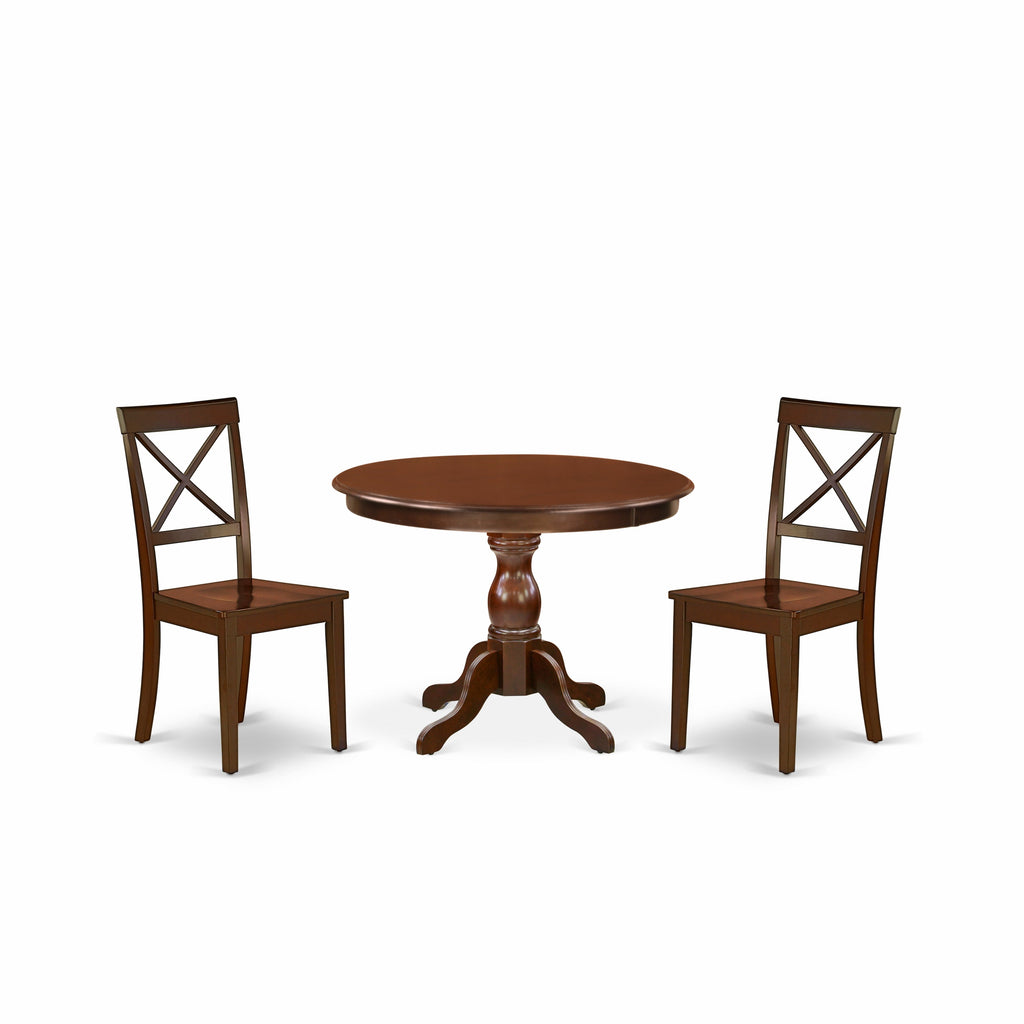 East West Furniture HBBO3-MAH-W 3 Piece Dining Room Table Set  Contains a Round Kitchen Table with Pedestal and 2 Dining Chairs, 42x42 Inch, Mahogany