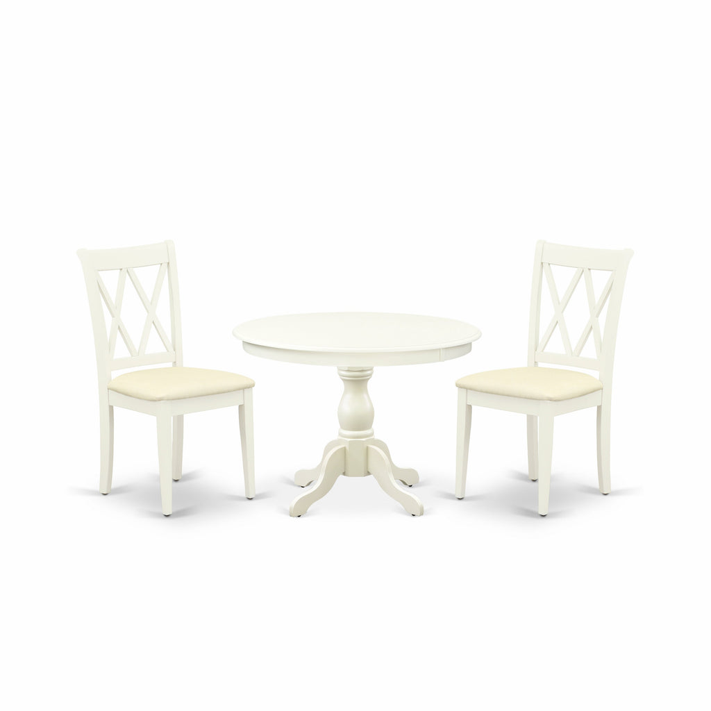 East West Furniture HBCL3-LWH-C 3 Piece Dining Table Set for Small Spaces Contains a Round Dining Room Table with Pedestal and 2 Linen Fabric Upholstered Chairs