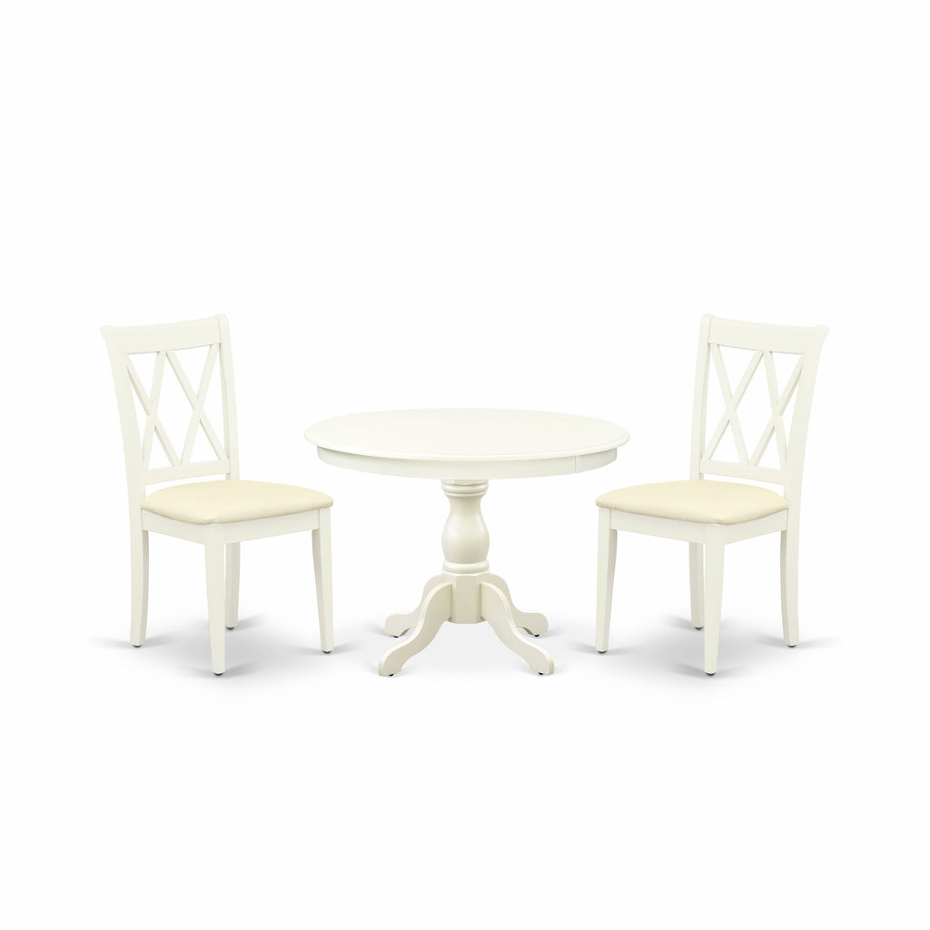 East West Furniture HBCL3-LWH-C 3 Piece Dining Table Set for Small Spaces Contains a Round Dining Room Table with Pedestal and 2 Linen Fabric Upholstered Chairs, 42x42 Inch, Linen White