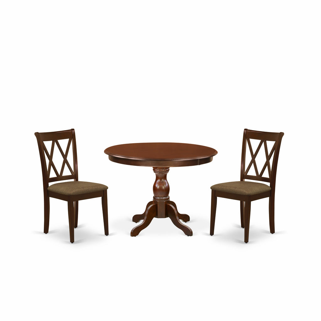 East West Furniture HBCL3-MAH-C 3 Piece Dinette Set for Small Spaces Contains a Round Dining Table with Pedestal and 2 Linen Fabric Dining Room Chairs, 42x42 Inch, Mahogany