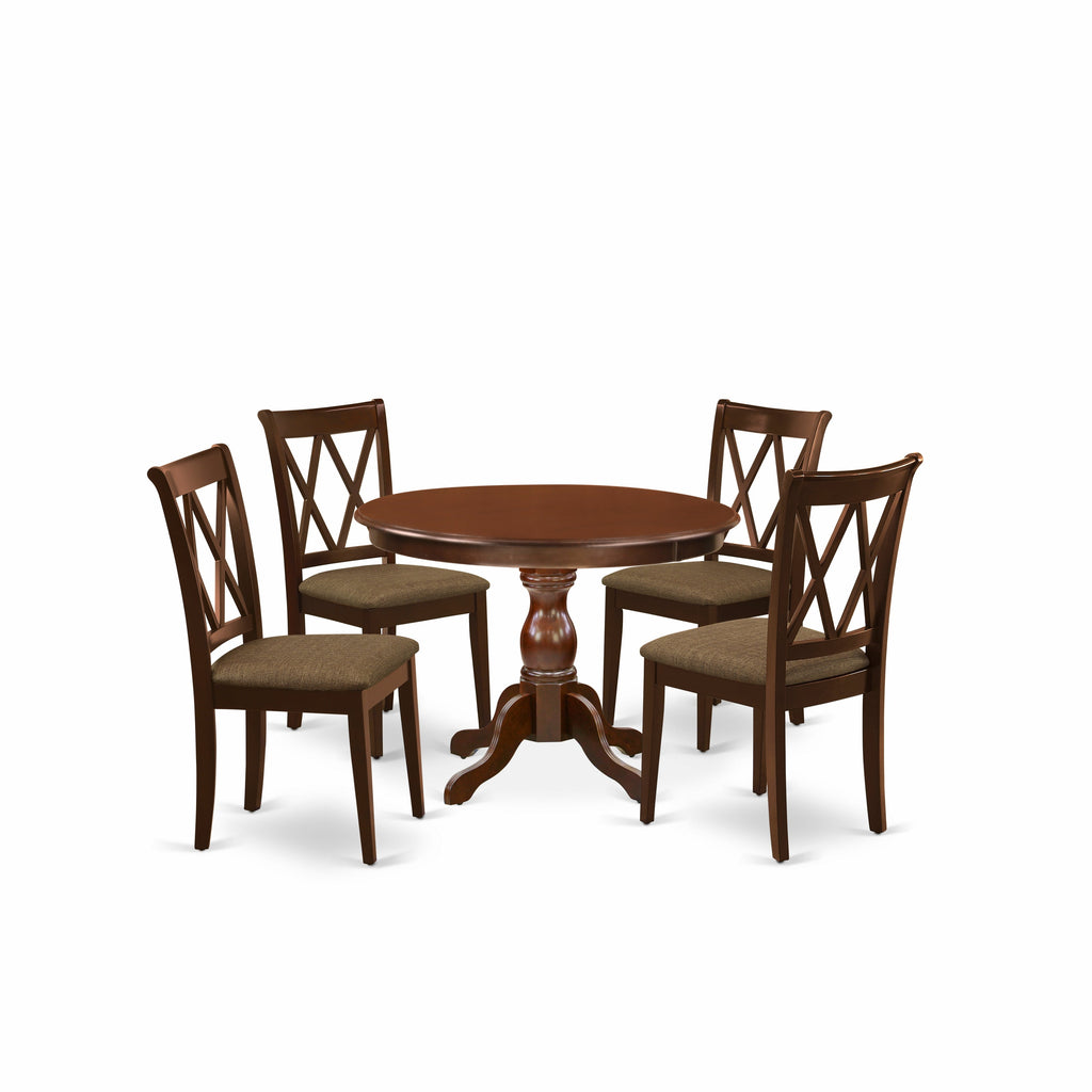 East West Furniture HBCL5-MAH-C 5 Piece Dining Room Table Set Includes a Round Kitchen Table with Pedestal and 4 Linen Fabric Upholstered Dining Chairs, 42x42 Inch, Mahogany