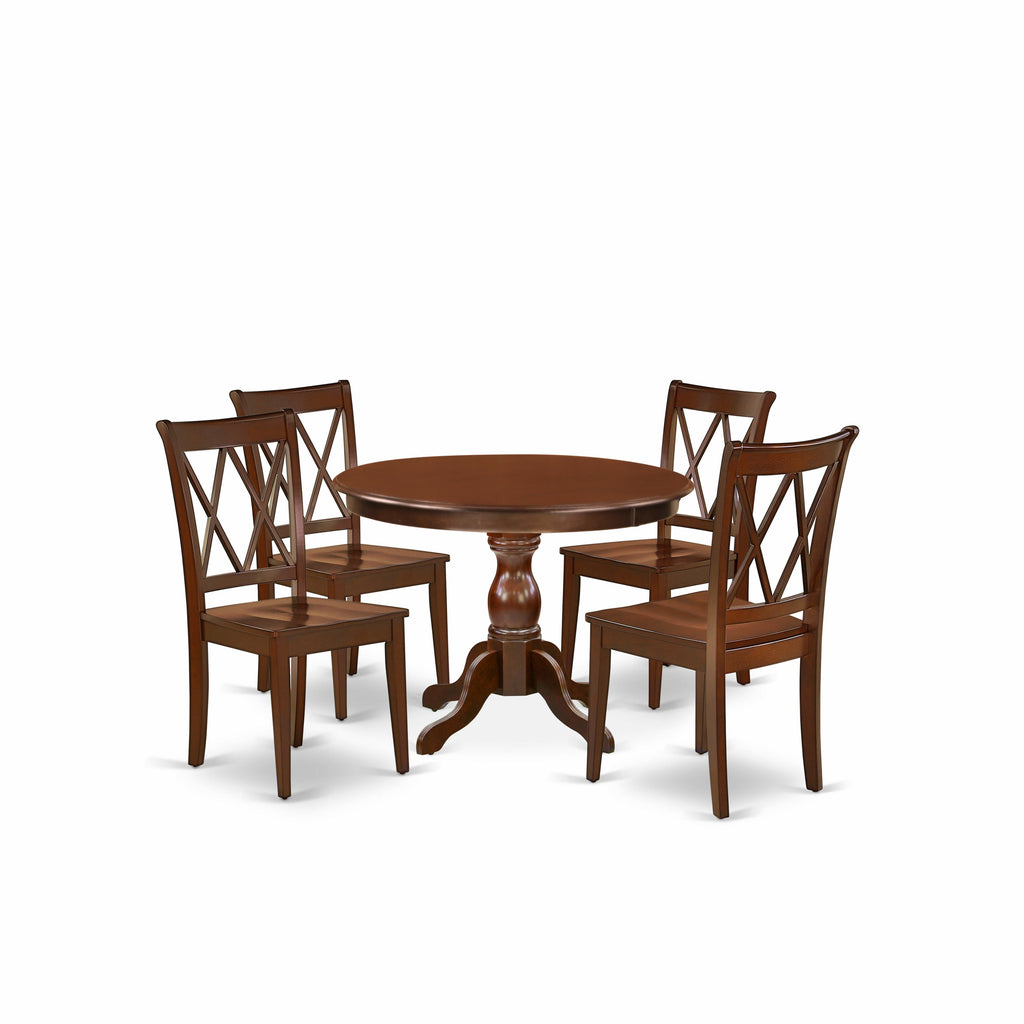 Juego de muebles de comedor de 5 piezas East West Furniture HBCL5-MAH-W. Incluye una mesa de cocina redonda con pedestal y 4 sillas de comedor.