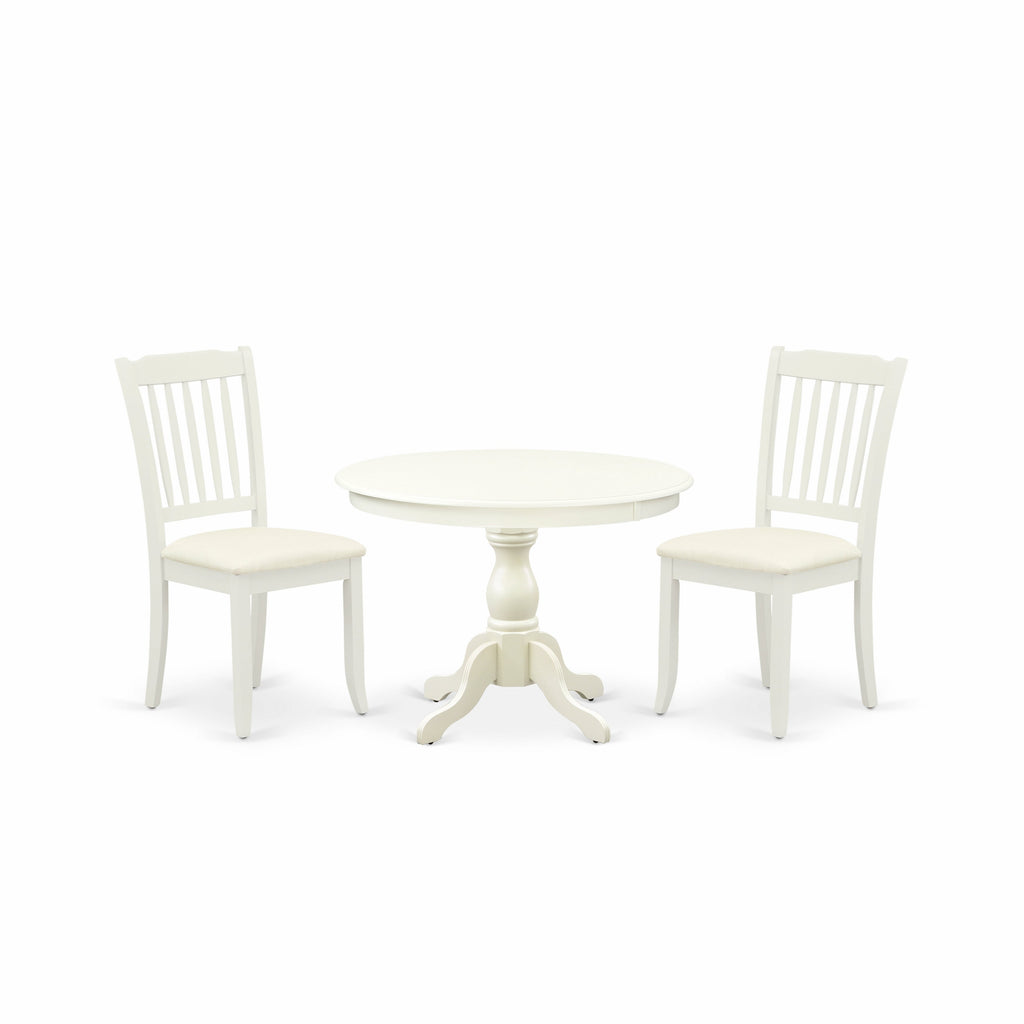 East West Furniture HBDA3-LWH-C 3 Piece Dining Room Table Set  Contains a Round Kitchen Table with Pedestal and 2 Linen Fabric Upholstered Dining Chairs