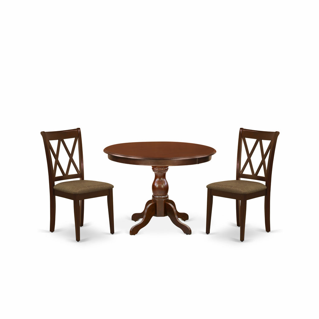 East West Furniture HBDA3-MAH-C 3 Piece Dining Set Contains a Round Dining Room Table with Pedestal and 2 Linen Fabric Upholstered Chairs