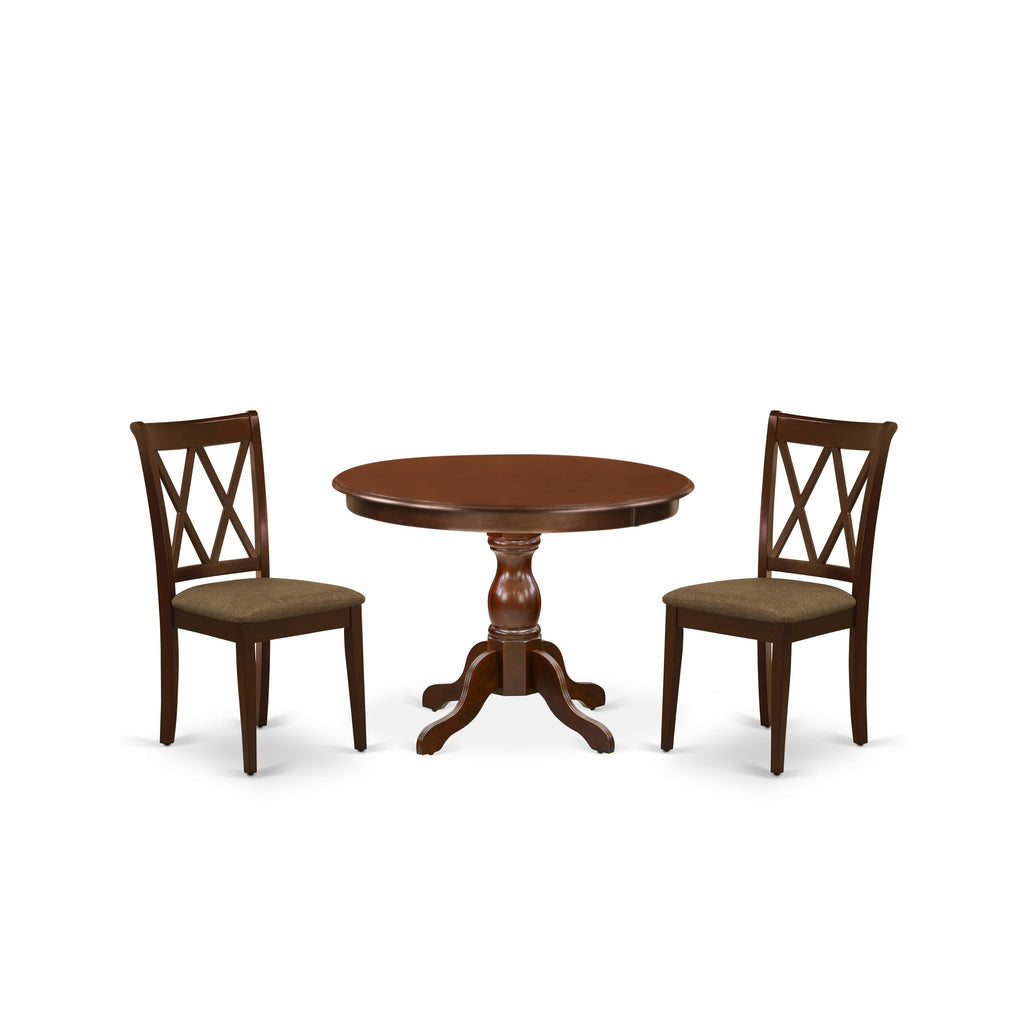 East West Furniture HBDA3-MAH-C 3 Piece Dining Set Contains a Round Dining Room Table with Pedestal and 2 Linen Fabric Upholstered Chairs, 42x42 Inch, Mahogany