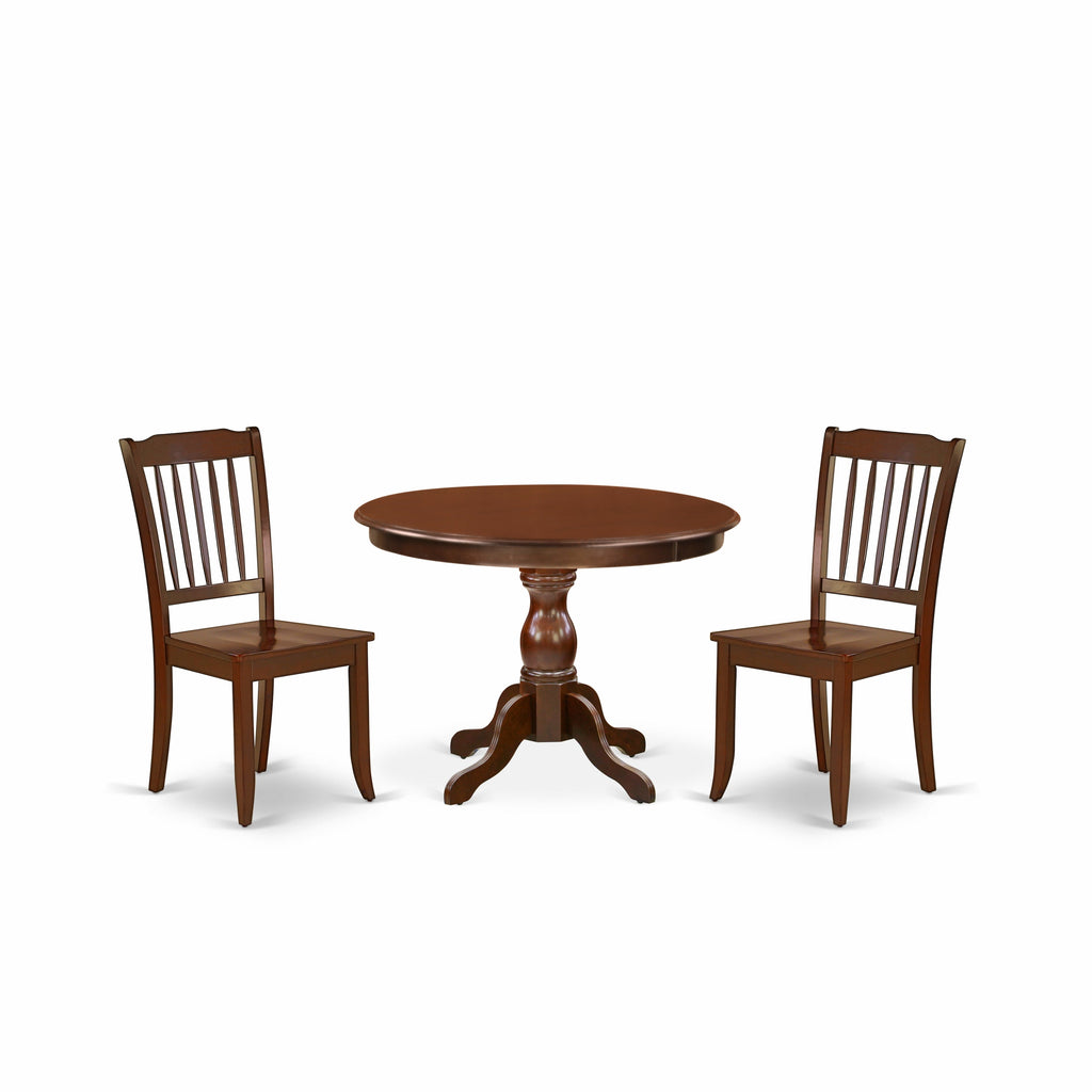 East West Furniture HBDA3-MAH-W 3 Piece Modern Dining Table Set Contains a Round Wooden Table with Pedestal and 2 Dining Chairs