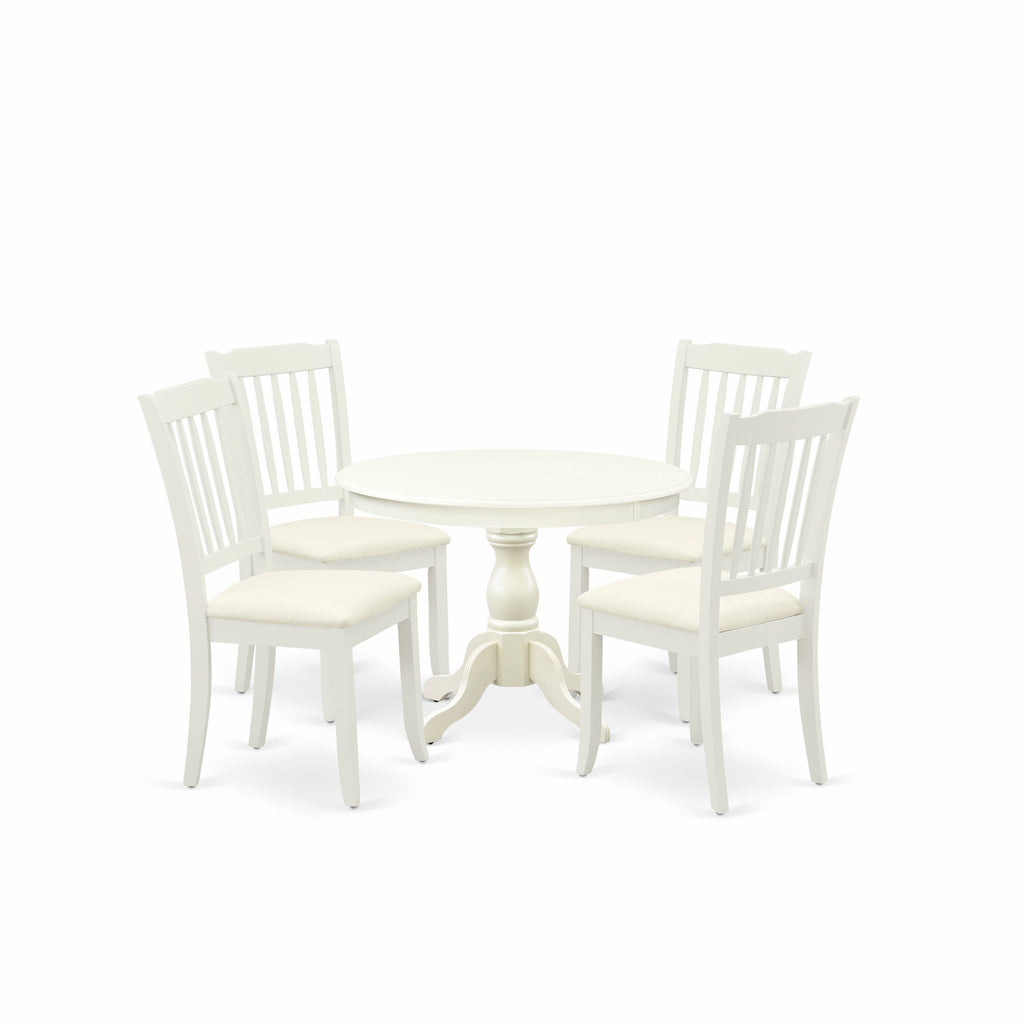 Juego de mesa y sillas de cocina de 5 piezas HBDA5-LWH-C de East West Furniture. Incluye una mesa de comedor redonda con pedestal y 4 sillas tapizadas en tela de lino.