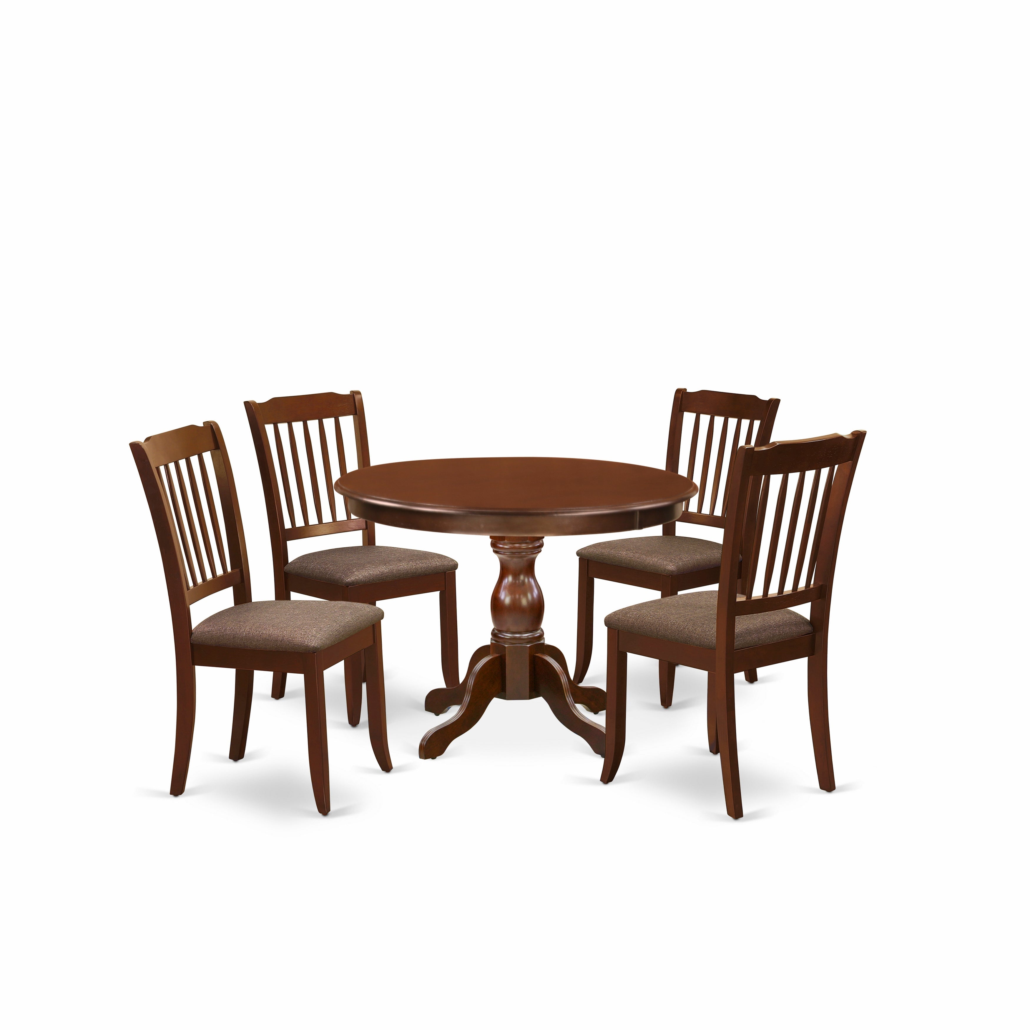 Juego de comedor de 5 piezas East West Furniture HBDA5-MAH-C para 4 personas. Incluye una mesa de comedor redonda con pedestal y 4 sillas de comedor de cocina de tela de lino.