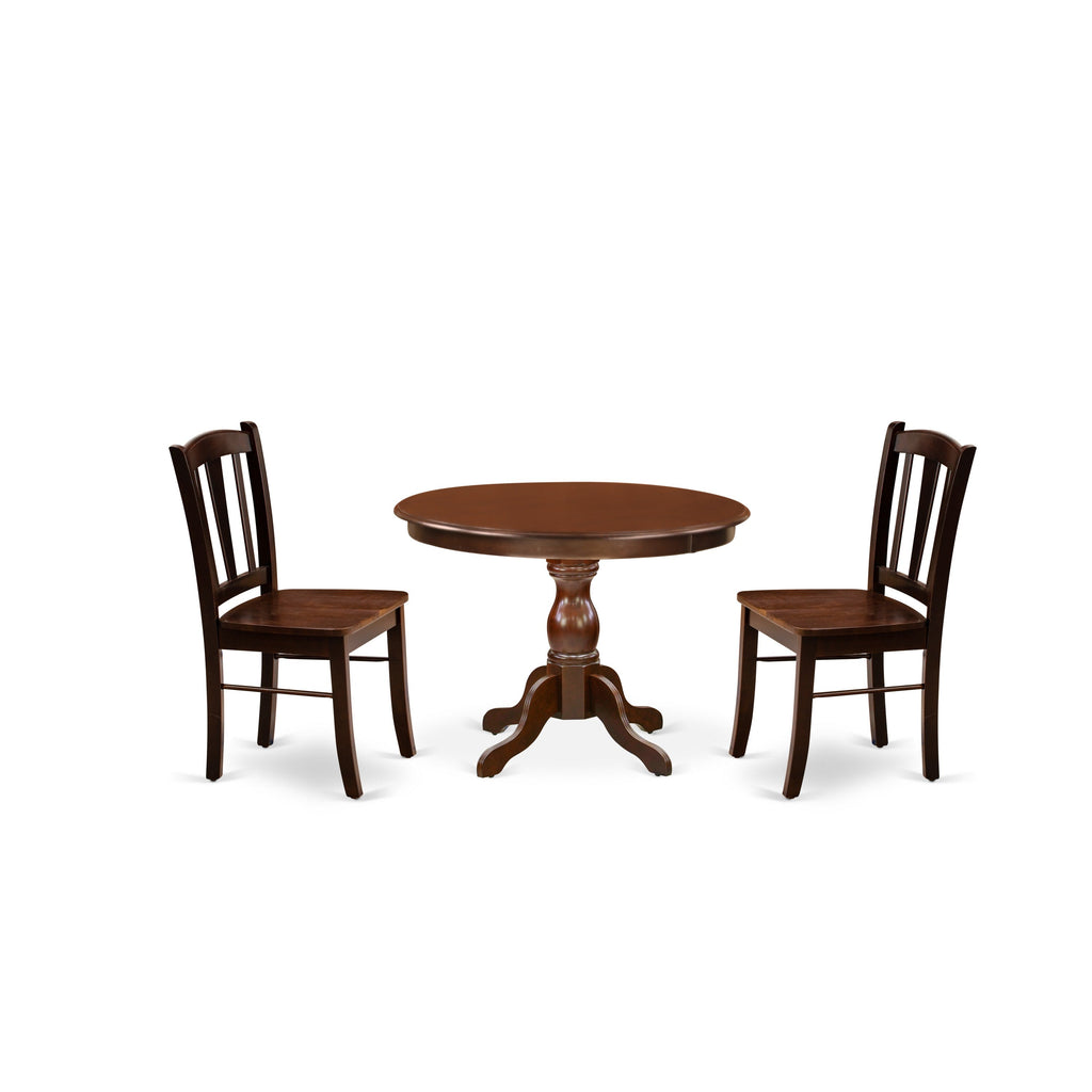 East West Furniture HBDL3-MAH-W 3 Piece Modern Dining Table Set Contains a Round Wooden Table with Pedestal and 2 Dining Room Chairs, 42x42 Inch, Mahogany