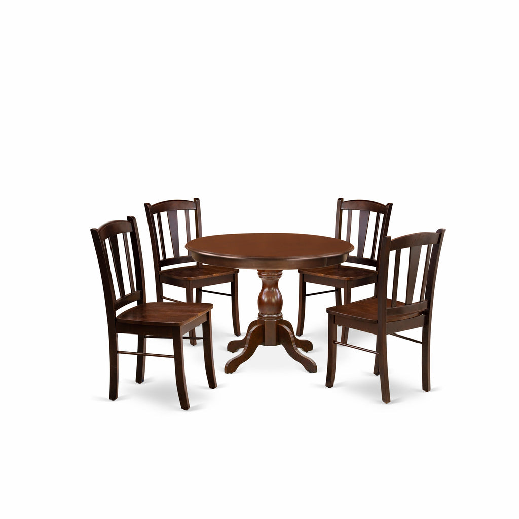 East West Furniture HBDL5-MAH-W 5 Piece Dining Table Set for 4 Includes a Round Kitchen Table with Pedestal and 4 Kitchen Dining Chairs