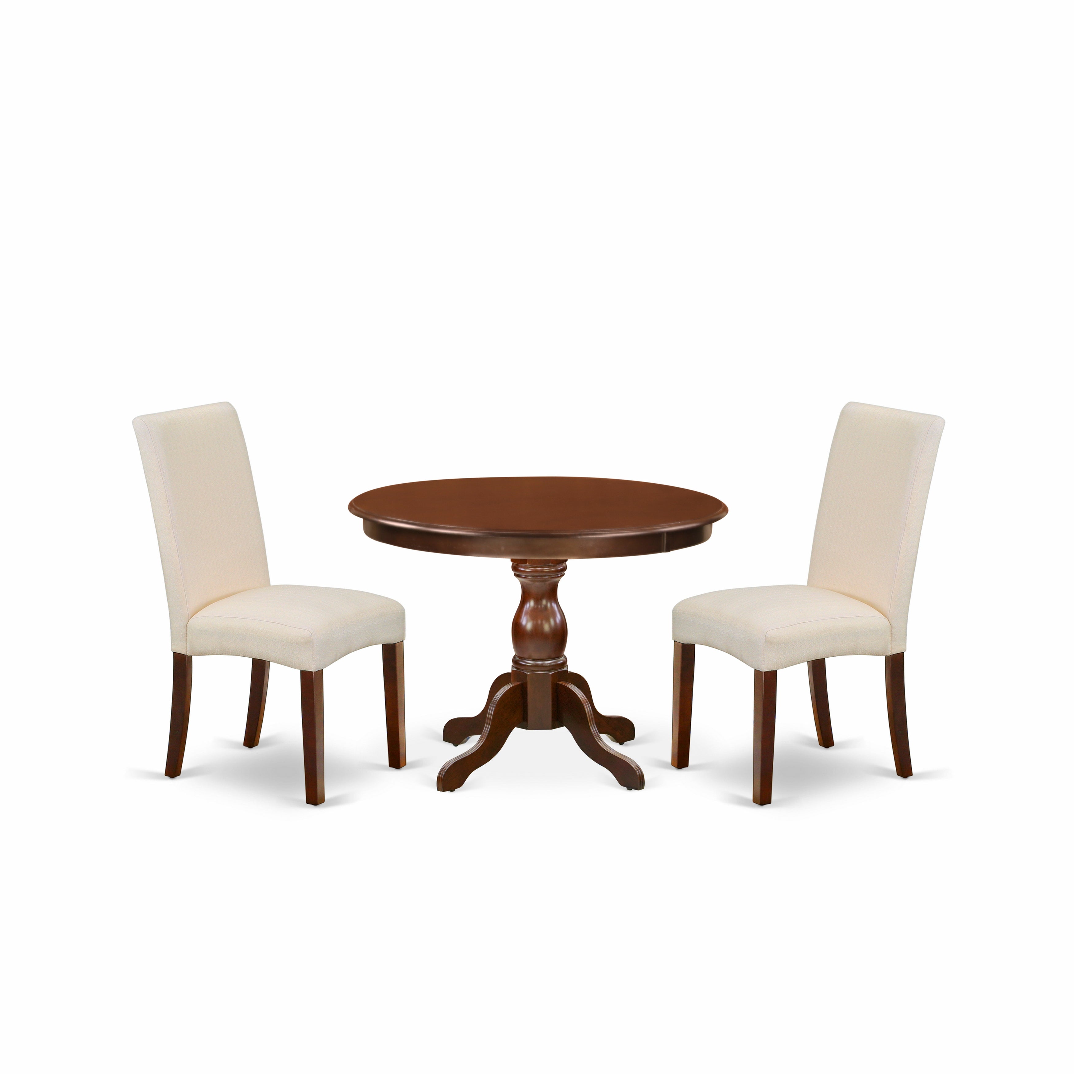 East West Furniture HBDR3-MAH-01 3 Piece Dining Room Table Set - Mahogany Round Dining Table and 2 Cream Linen Fabric Modern Dining Chairs with High Back - Mahogany Finish