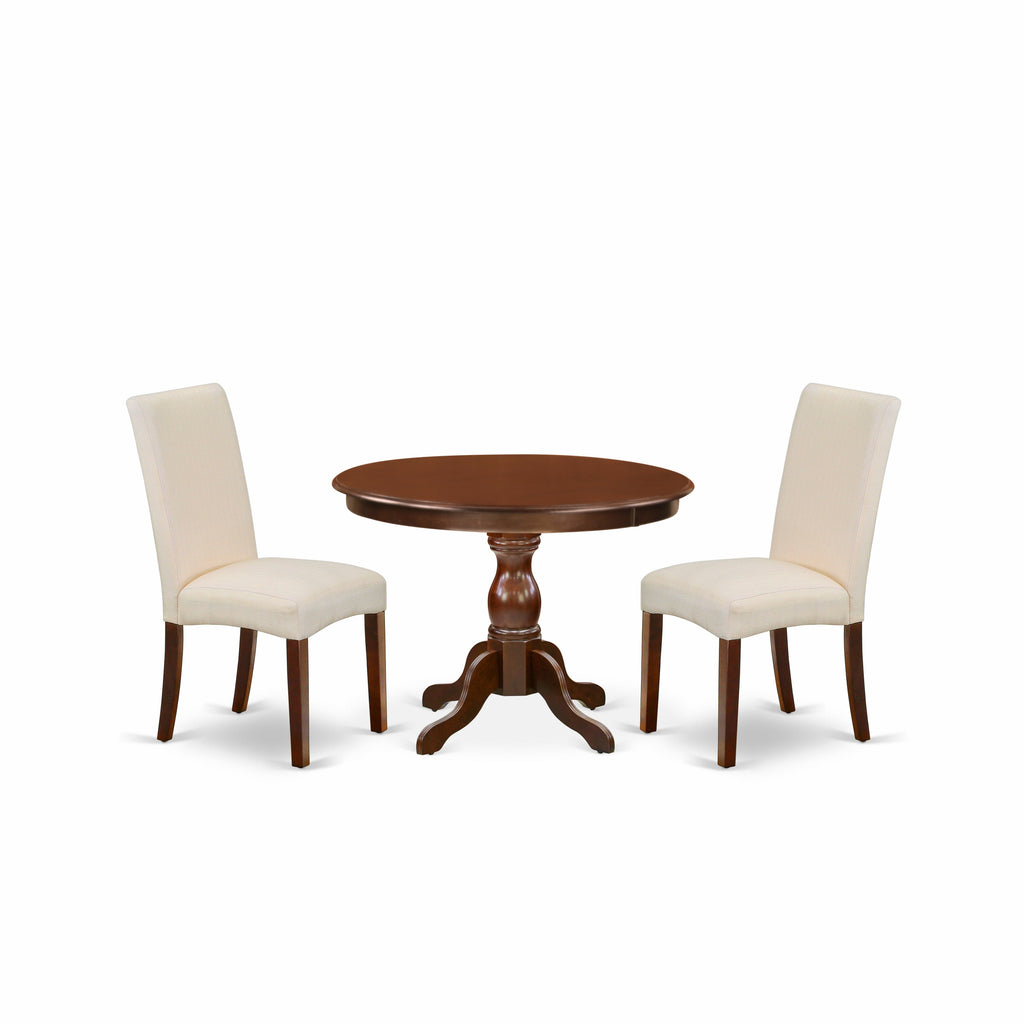 East West Furniture HBDR3-MAH-01 3 Piece Dining Room Furniture Set Contains a Round Dining Table with Pedestal and 2 Cream Linen Fabric Upholstered Parson Chairs