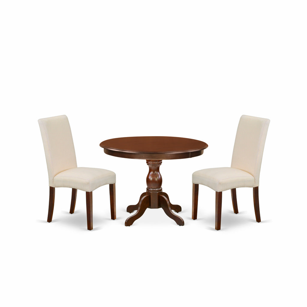 East West Furniture HBDR3-MAH-01 3 Piece Dining Room Furniture Set Contains a Round Dining Table with Pedestal and 2 Cream Linen Fabric Upholstered Parson Chairs, 42x42 Inch, Mahogany