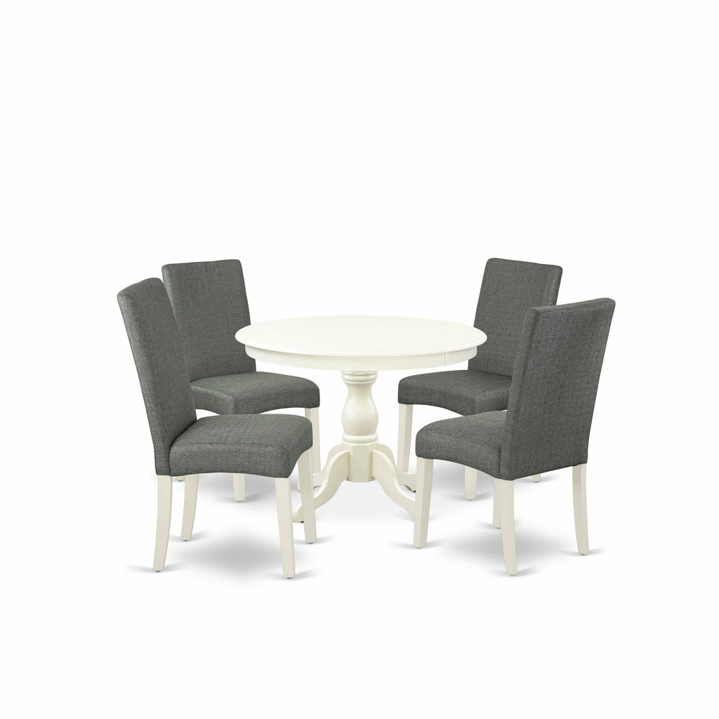 El juego de mesa de comedor de 5 piezas East West Furniture HBDR5-LWH-07 incluye una mesa de cocina redonda con pedestal y 4 sillas de comedor Parson de tela de lino gris.