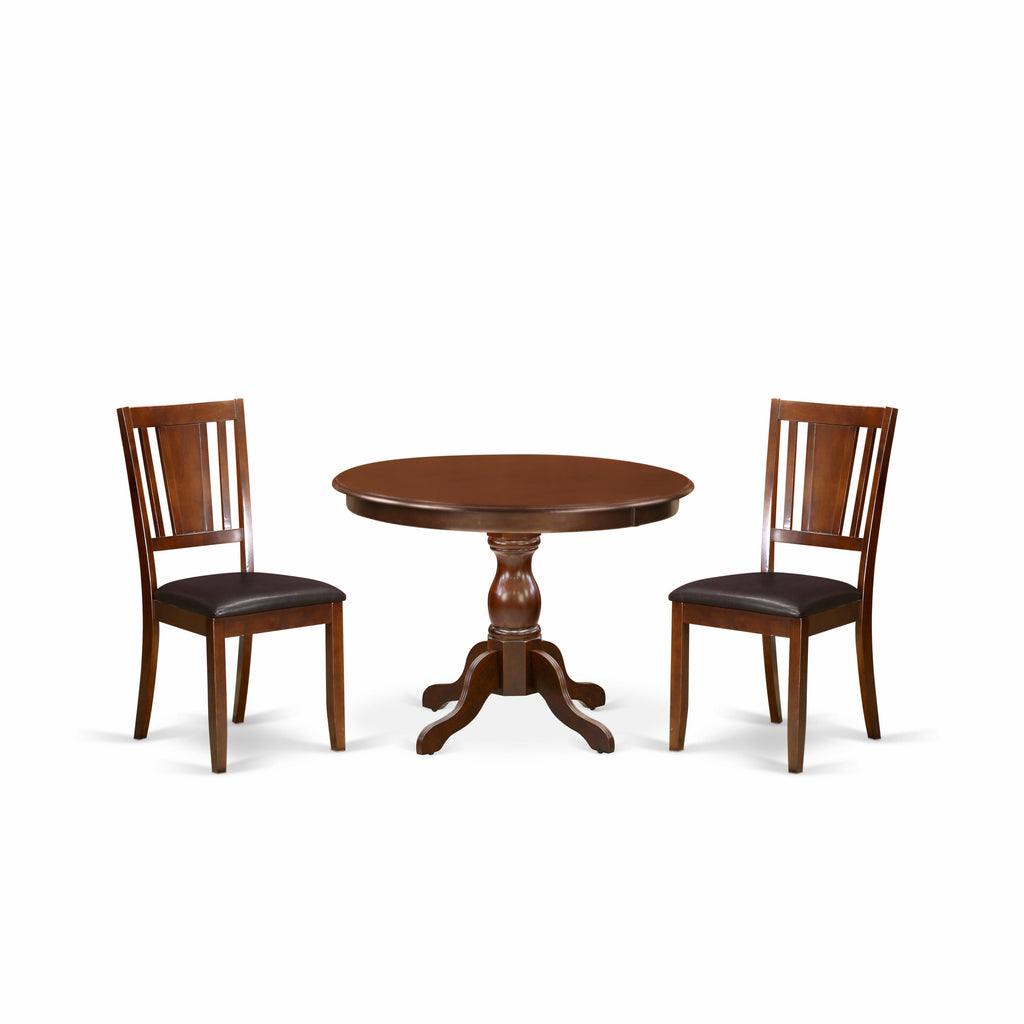East West Furniture HBDU3-MAH-C 3 Piece Dining Set Contains a Round Dining Room Table with Pedestal and 2 Linen Fabric Upholstered Kitchen Chairs