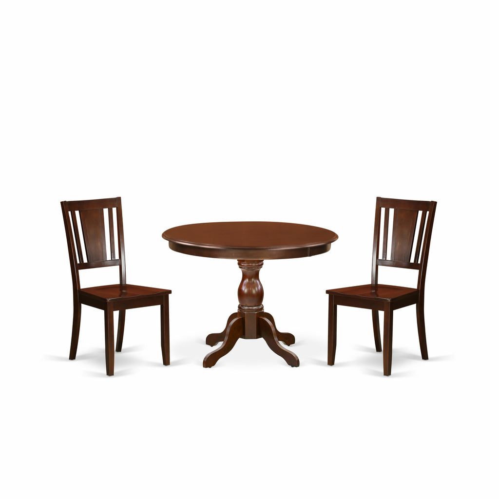 East West Furniture HBDU3-MAH-W 3 Piece Dining Room Table Set  Contains a Round Kitchen Table with Pedestal and 2 Dining Chairs