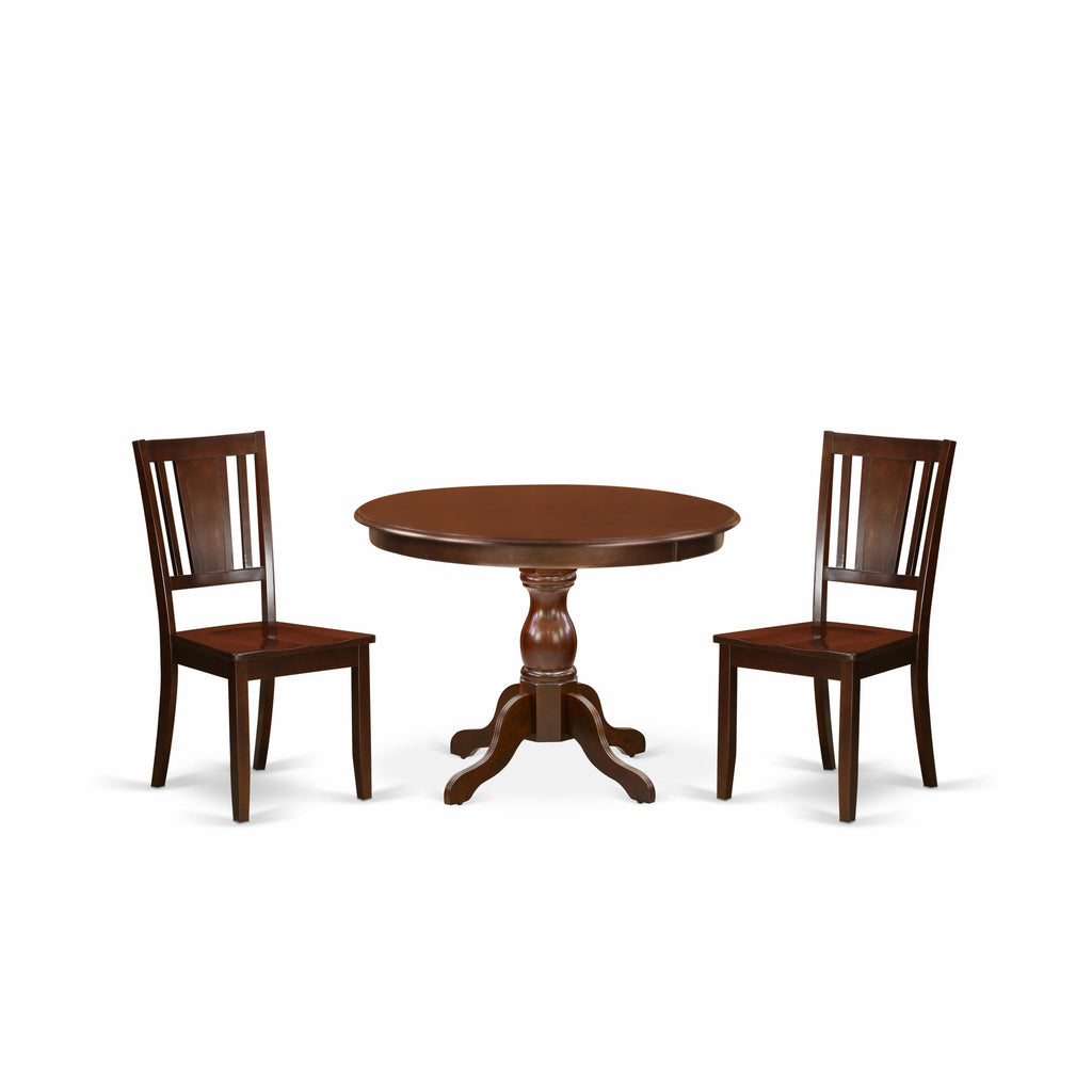 East West Furniture HBDU3-MAH-W 3 Piece Dining Room Table Set  Contains a Round Kitchen Table with Pedestal and 2 Dining Chairs, 42x42 Inch, Mahogany