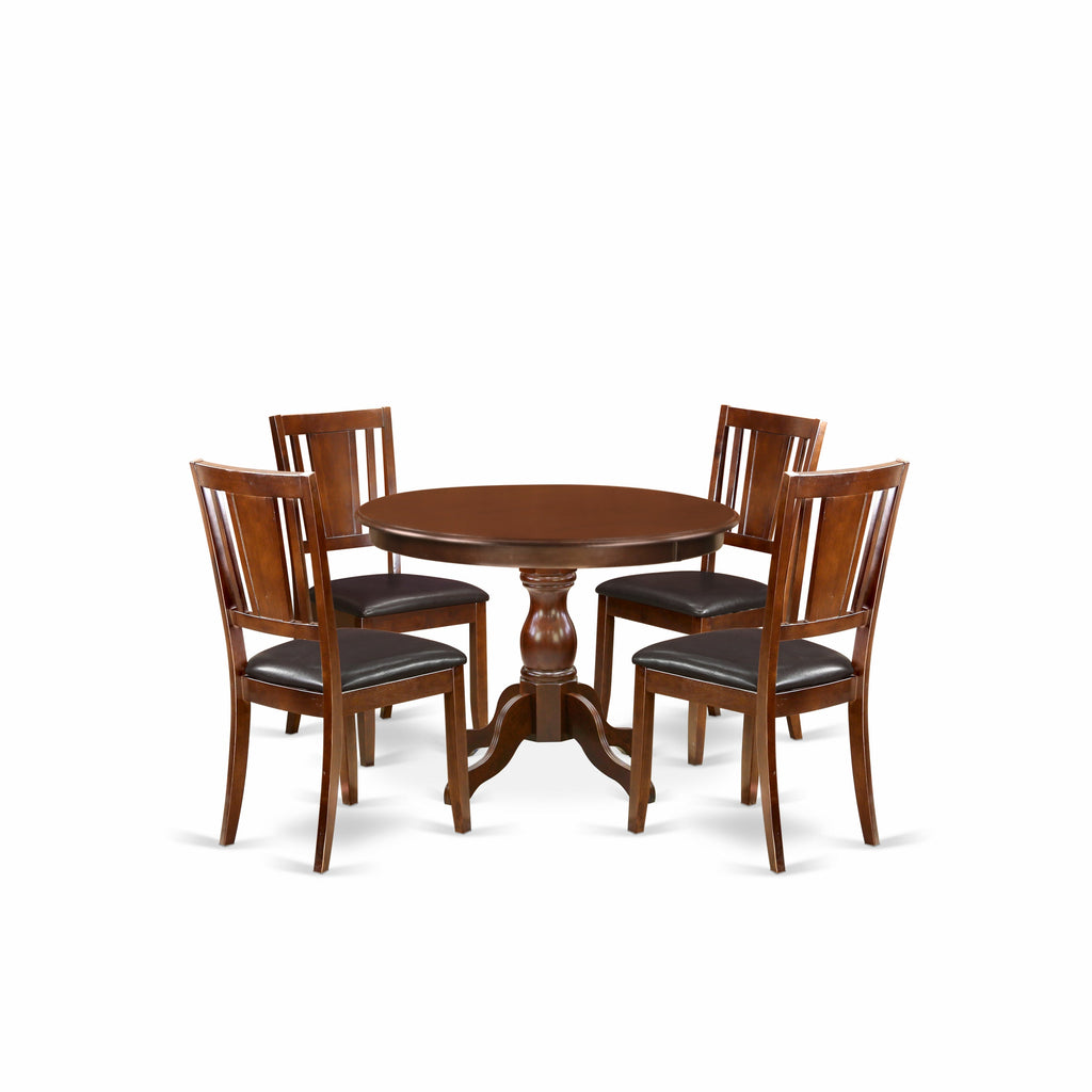 Juego de mesa de comedor moderna de 5 piezas East West Furniture HBDU5-MAH-C. Incluye una mesa redonda de madera con pedestal y 4 sillas de comedor de tela de lino.