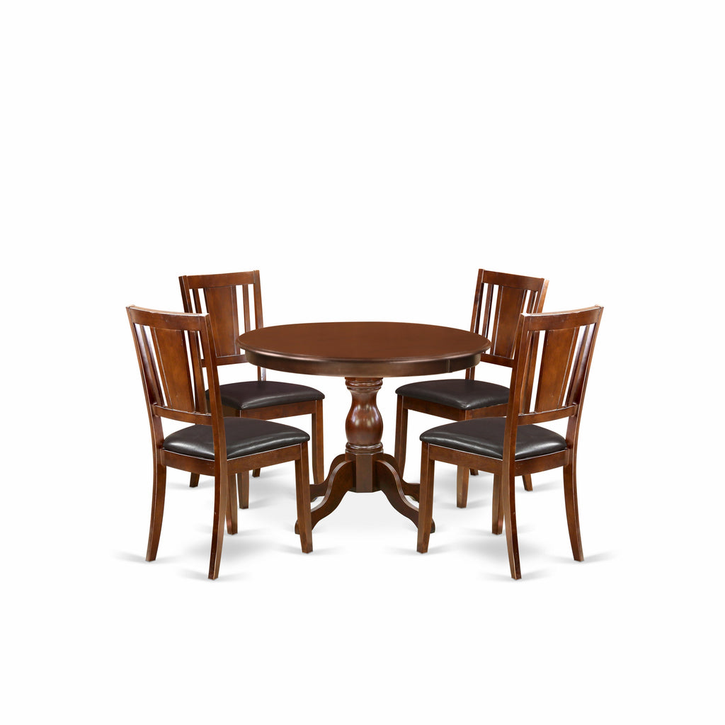 East West Furniture HBDU5-MAH-C 5 Piece Modern Dining Table Set Includes a Round Wooden Table with Pedestal and 4 Linen Fabric Dining Room Chairs, 42x42 Inch, Mahogany