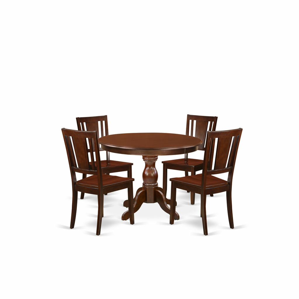 Juego de mesa de comedor de 5 piezas East West Furniture HBDU5-MAH-W. Incluye una mesa de cocina redonda con pedestal y 4 sillas de comedor.