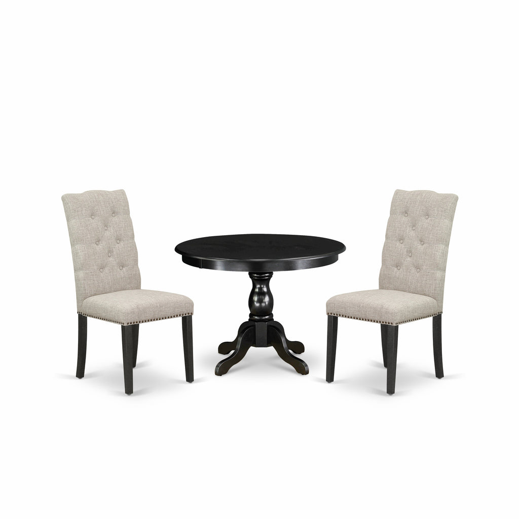 East West Furniture HBEL3-ABK-35 3 Piece Kitchen Table & Chairs Set Contains a Round Dining Table with Pedestal and 2 Doeskin Linen Fabric Upholstered Chairs