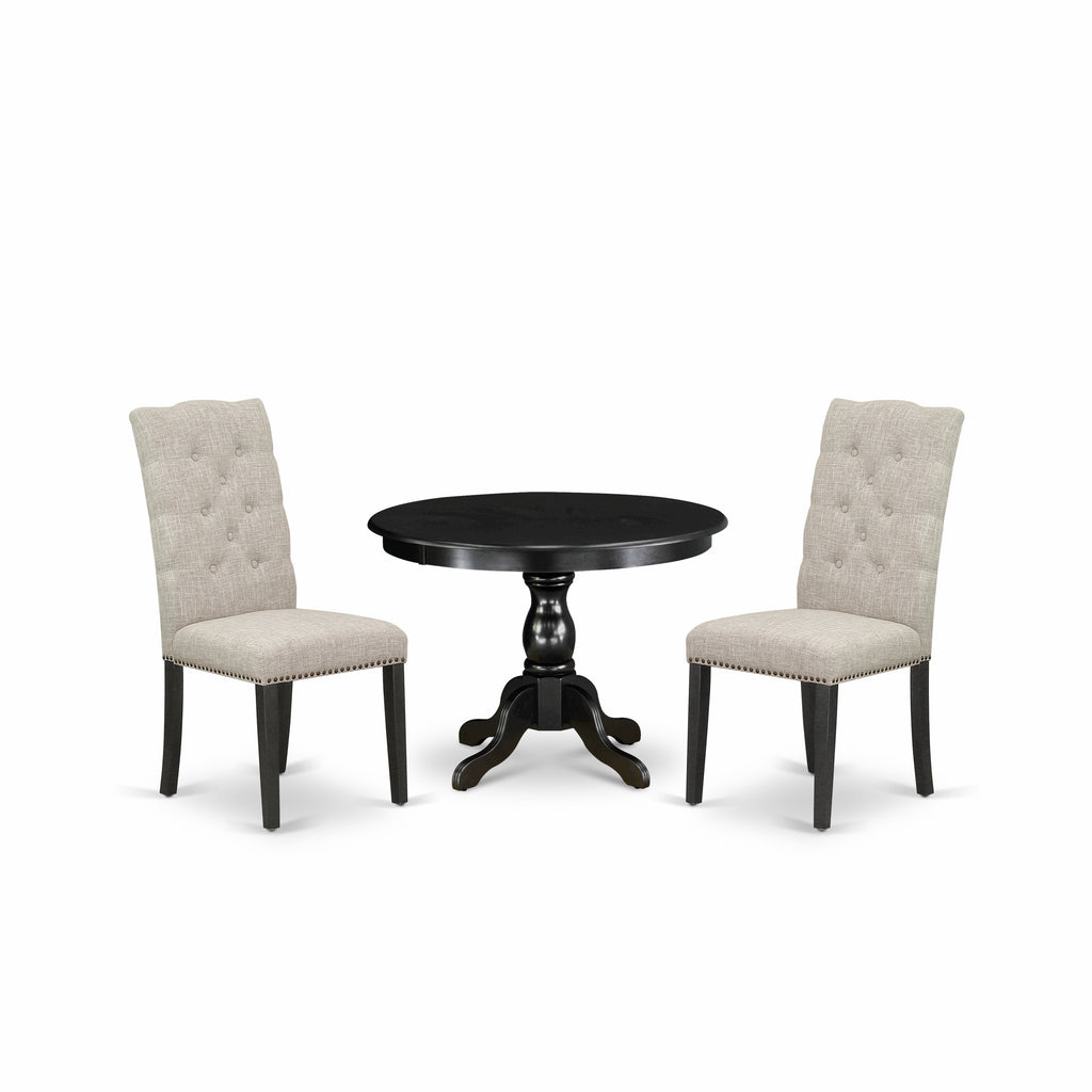 East West Furniture HBEL3-ABK-35 3 Piece Kitchen Table & Chairs Set Contains a Round Dining Table with Pedestal and 2 Doeskin Linen Fabric Upholstered Chairs, 42x42 Inch, Wirebrushed Black