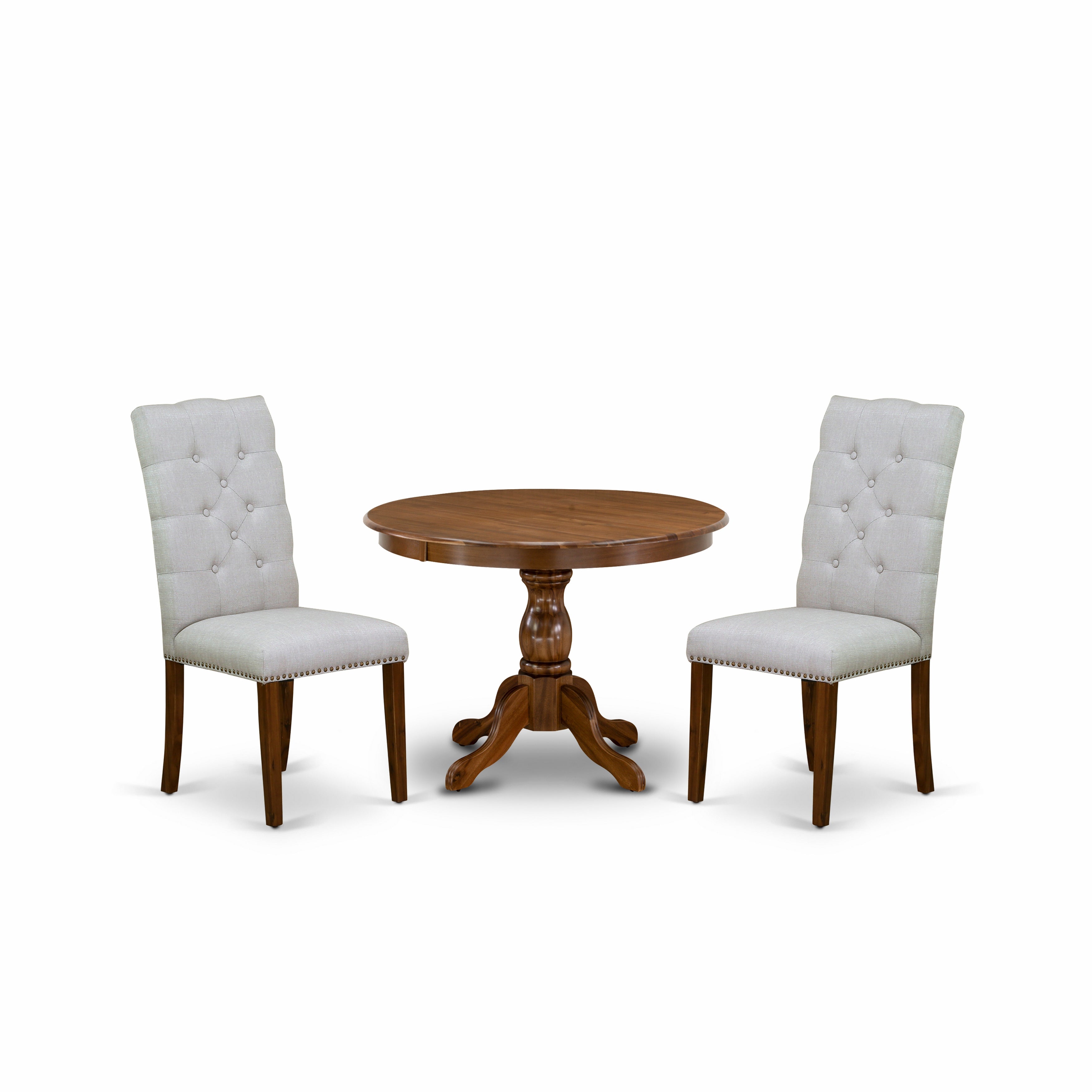 East West Furniture HBEL3-AWA-05 3 Piece Dining Table Set - Acacia Walnut Small Kitchen Table and 2 Grey Linen Fabric Dining Chairs with Panel Back - Acacia Walnut Finish