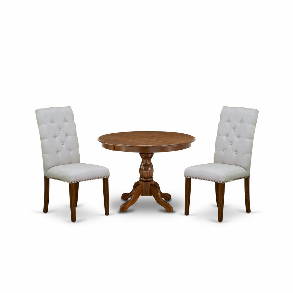 East West Furniture HBEL3-AWA-05 3 Piece Dining Table Set for Small Spaces Contains a Round Dining Room Table with Pedestal and 2 Grey Linen Fabric Parson Chairs