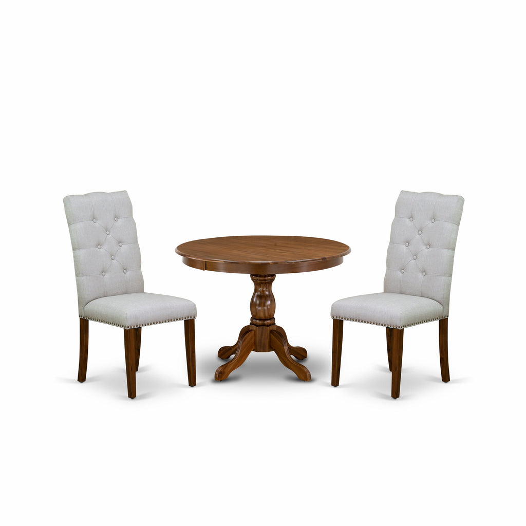 East West Furniture HBEL3-AWA-05 3 Piece Dining Table Set for Small Spaces Contains a Round Dining Room Table with Pedestal and 2 Grey Linen Fabric Parson Chairs, 42x42 Inch, Walnut