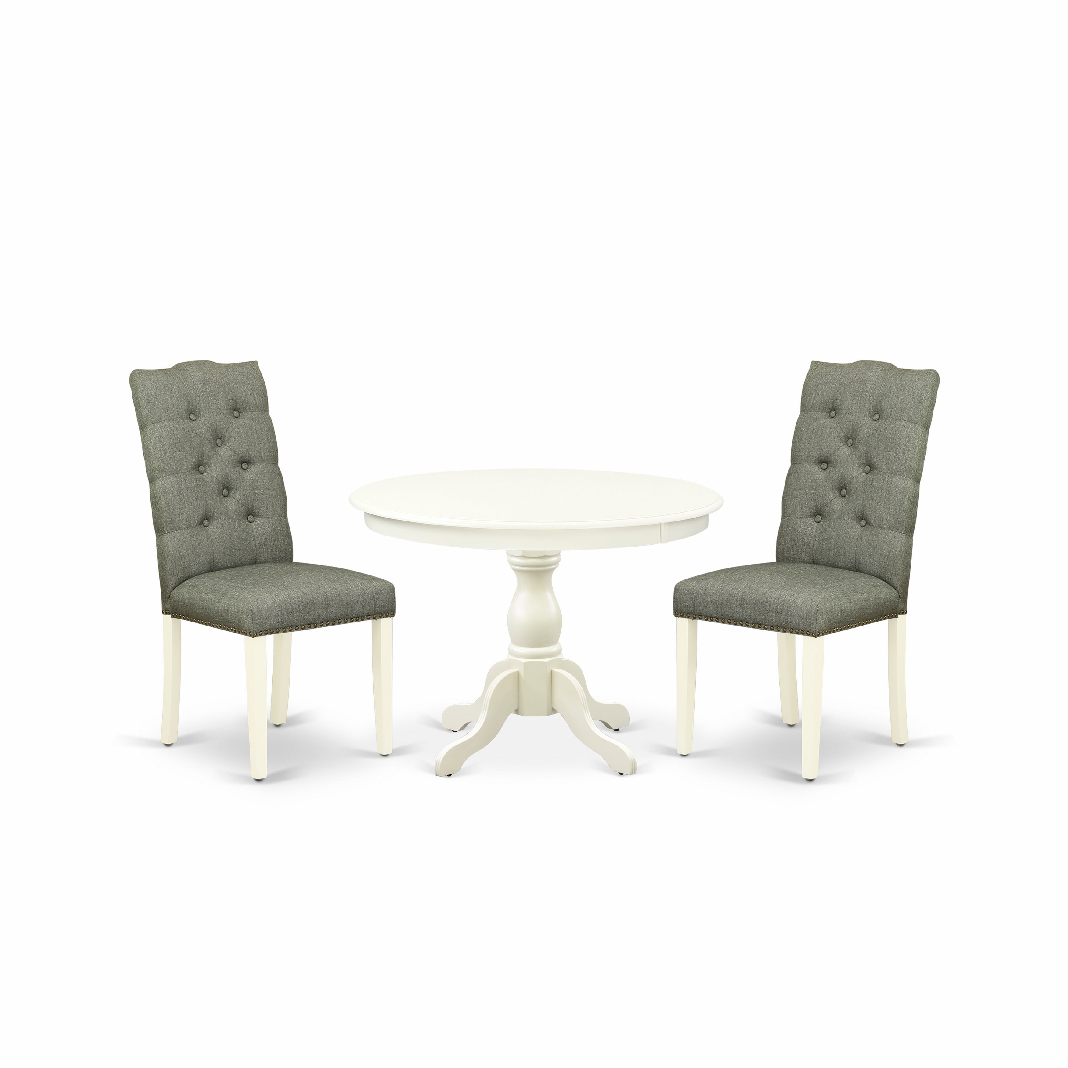 East West Furniture HBEL3-LWH-07 3 Piece Dining Room Set - linen white Wood Dining Table and 2 Smoke Linen Fabric Mid Century Modern Chairs Button Tufted Back with Nail Heads - linen white Finish