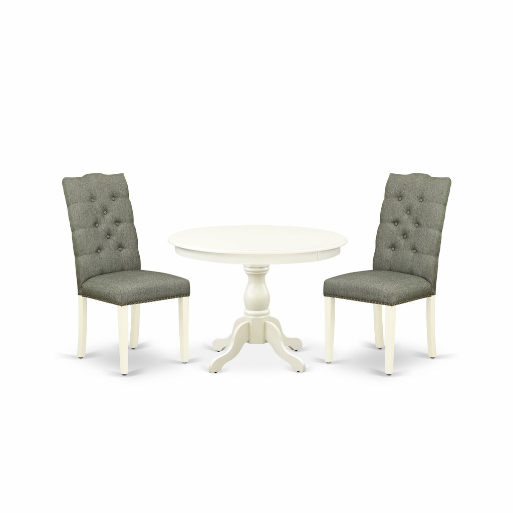 East West Furniture HBEL3-LWH-07 3 Piece Modern Dining Table Set Contains a Round Wooden Table with Pedestal and 2 Gray Linen Fabric Upholstered Parson Chairs, 42x42 Inch, Linen White