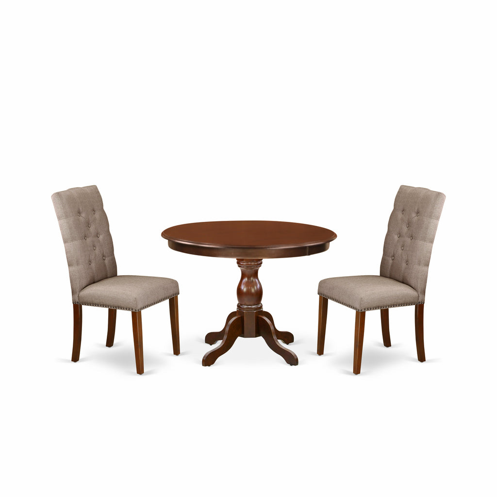 East West Furniture HBEL3-MAH-16 3 Piece Dining Room Furniture Set Contains a Round Dining Table with Pedestal and 2 Dark Khaki Linen Fabric Upholstered Chairs, 42x42 Inch, Mahogany
