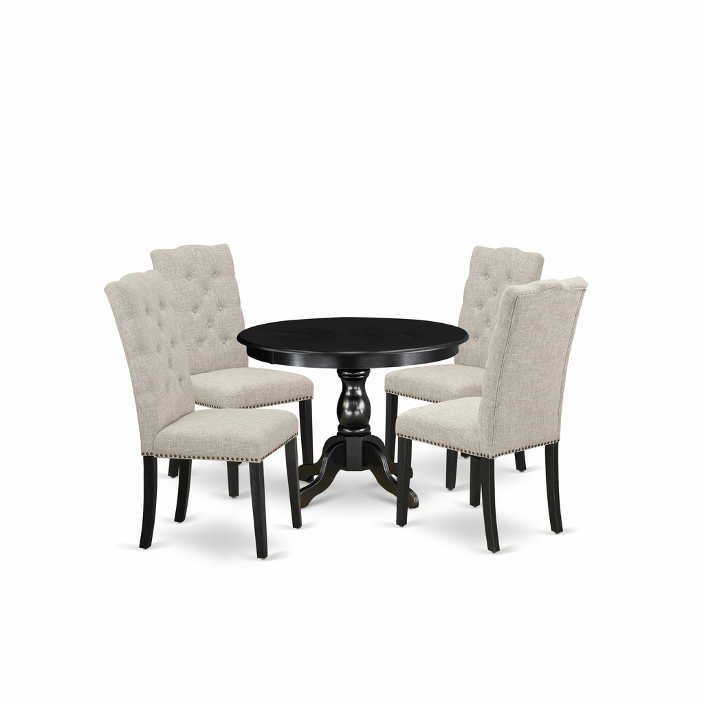 East West Furniture HBEL5-ABK-35 5 Piece Kitchen Table & Chairs Set Includes a Round Dining Room Table with Pedestal and 4 Doeskin Linen Fabric Upholstered Chairs, 42x42 Inch, Wirebrushed Black