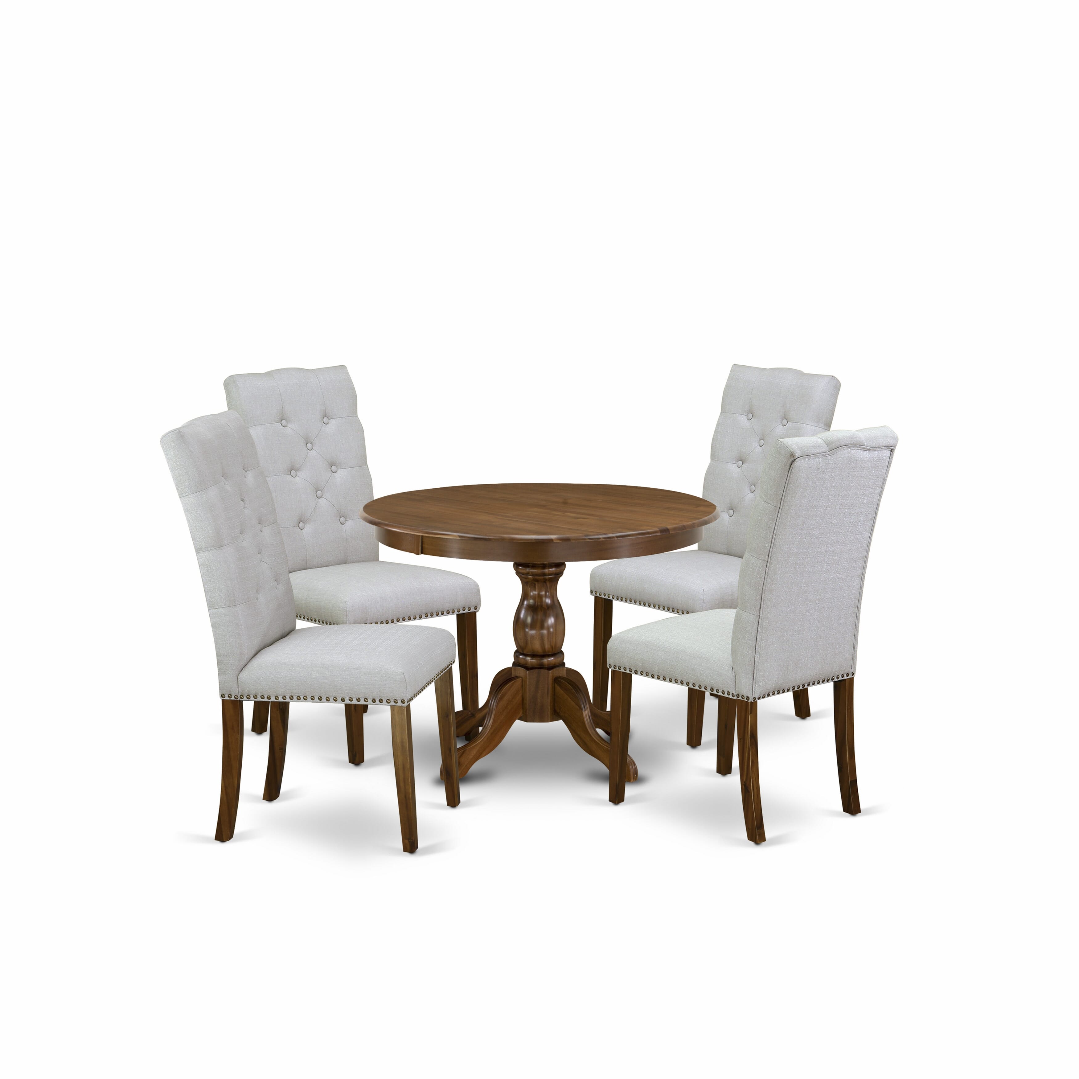 East West Furniture HBEL5-AWA-05 5 Piece Kitchen Dining Table Set - Acacia Walnut Small Dining Table and 4 Grey Linen Fabric Dining Room Chairs with Panel Back - Acacia Walnut Finish