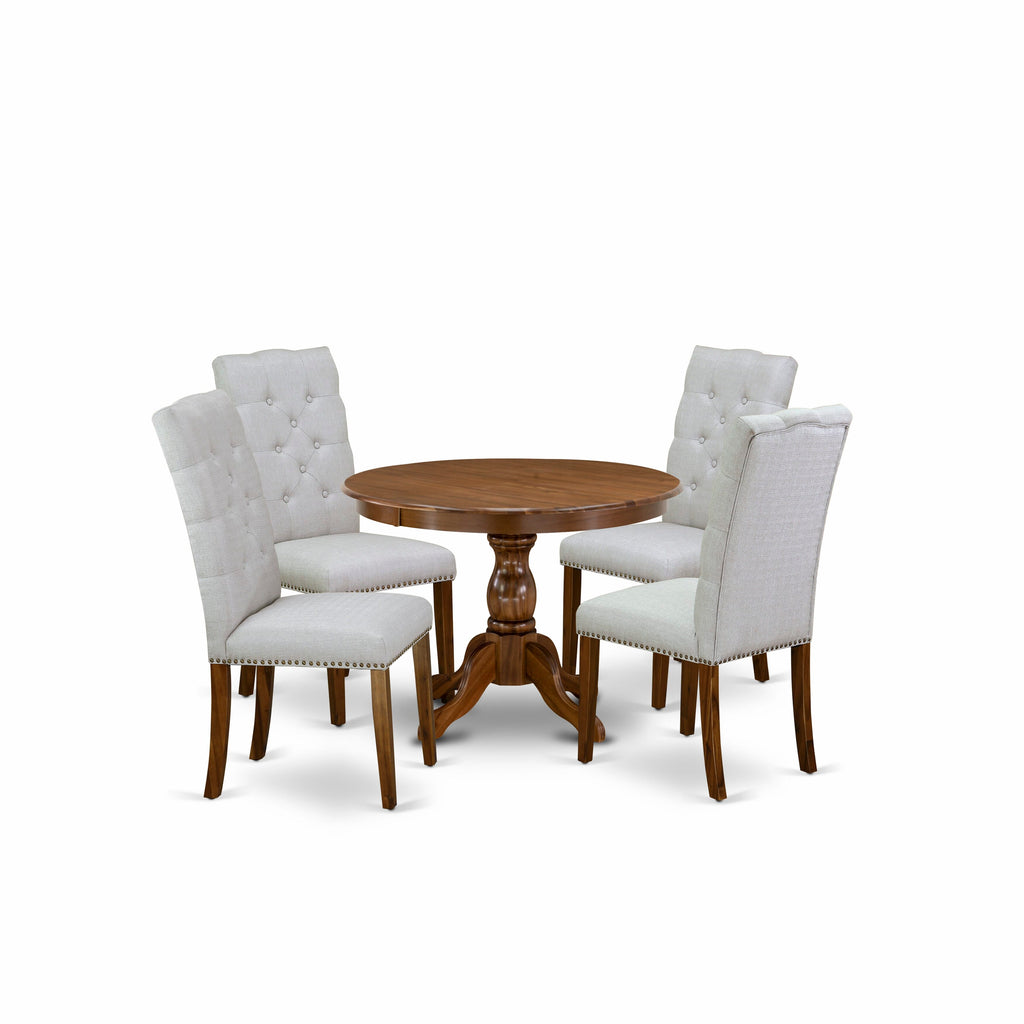 East West Furniture HBEL5-AWA-05 5 Piece Dining Set Includes a Round Dining Room Table with Pedestal and 4 Grey Linen Fabric Upholstered Chairs