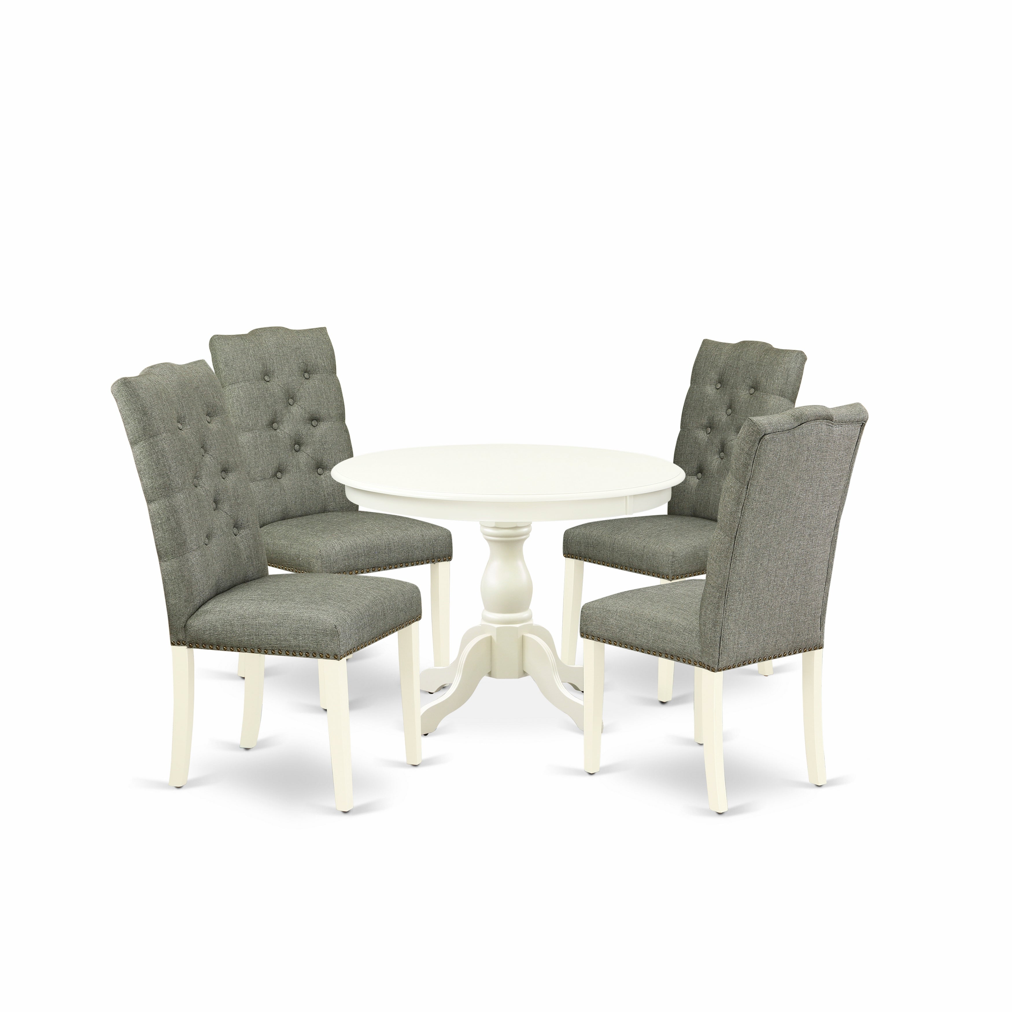 East West Furniture HBEL5-LWH-07 5 Piece Dinette Set - linen white Dining Table and 4 Smoke Linen Fabric Dining Chairs Button Tufted Back with Nail Heads - linen white Finish
