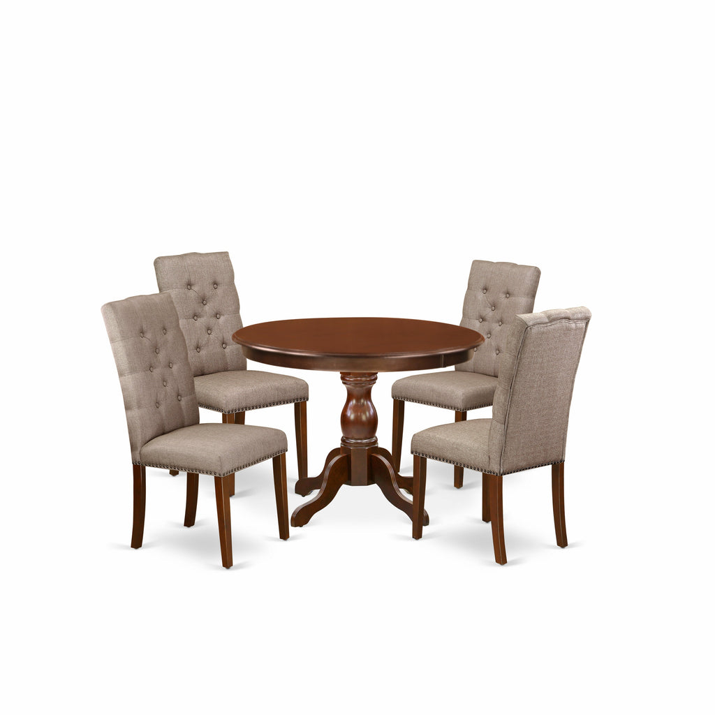 East West Furniture HBEL5-MAH-16 5 Piece Kitchen Table Set for 4 Includes a Round Dining Room Table with Pedestal and 4 Dark Khaki Linen Fabric Parsons Dining Chairs, 42x42 Inch, Mahogany