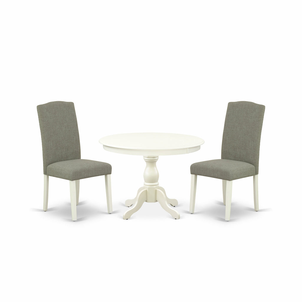 East West Furniture HBEN3-LWH-06 3 Piece Dining Table Set Contains a Round Dining Room Table with Pedestal and 2 Dark Shitake Linen Fabric Parsons Chairs