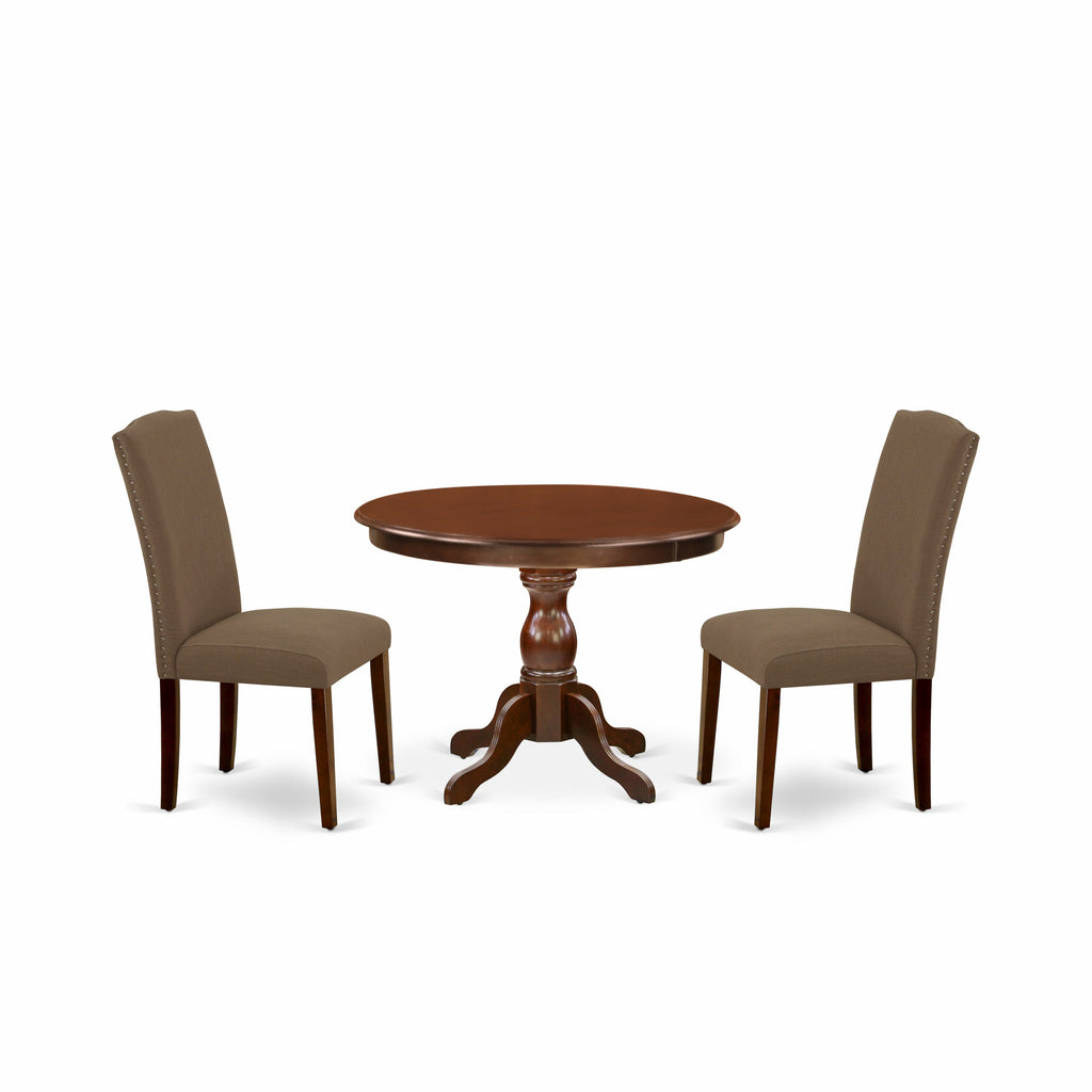 East West Furniture HBEN3-MAH-18 3 Piece Dining Table Set Contains a Round Dining Room Table with Pedestal and 2 Dark Coffee Linen Fabric Upholstered Chairs