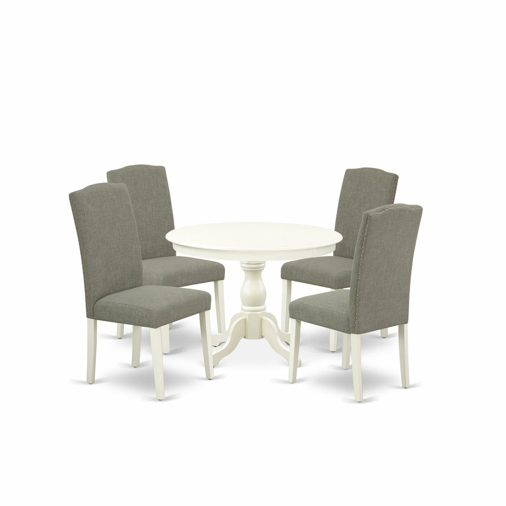 East West Furniture HBEN5-LWH-06 5 Piece Dining Table Set Includes a Round Dining Room Table with Pedestal and 4 Dark Shitake Linen Fabric Parsons Chairs, 42x42 Inch, Linen White