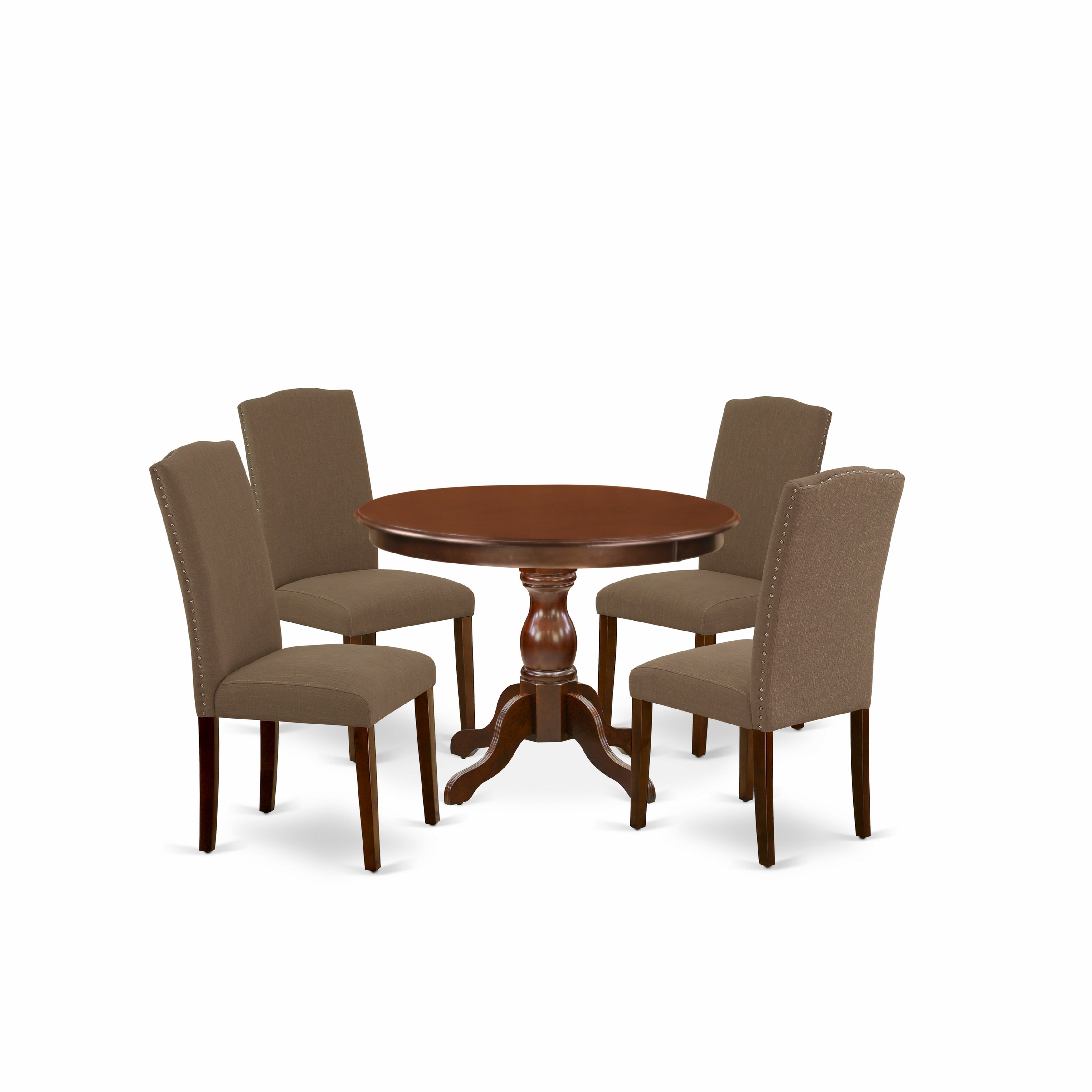 Juego de comedor de 5 piezas HBEN5-MAH-18 de East West Furniture. Incluye una mesa de comedor redonda con pedestal y 4 sillas Parson tapizadas en tela de lino color café oscuro.