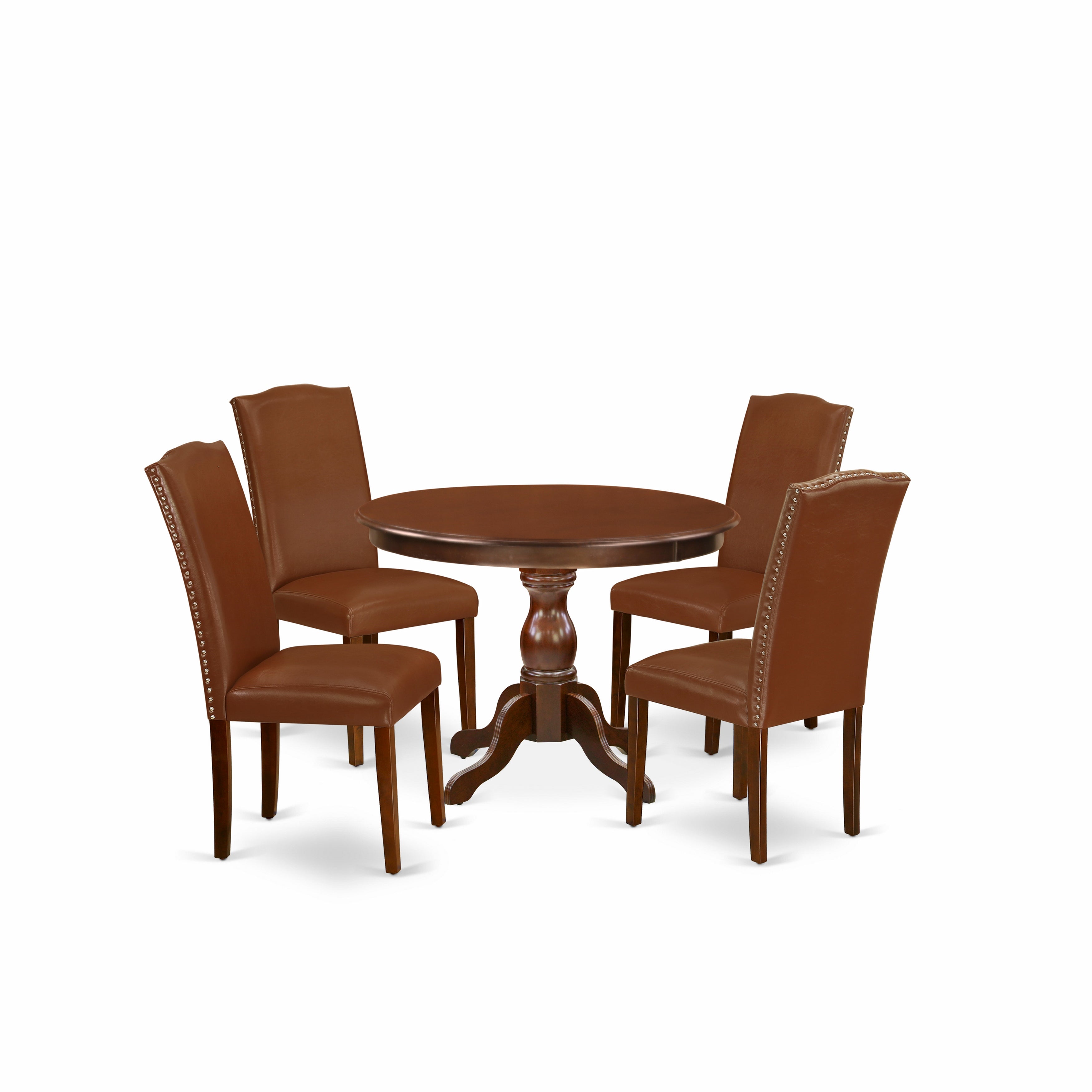 El juego de comedor de 5 piezas HBEN5-MAH-66 de East West Furniture incluye una mesa de comedor redonda con pedestal y 4 sillas Parson tapizadas en piel sintética marrón.